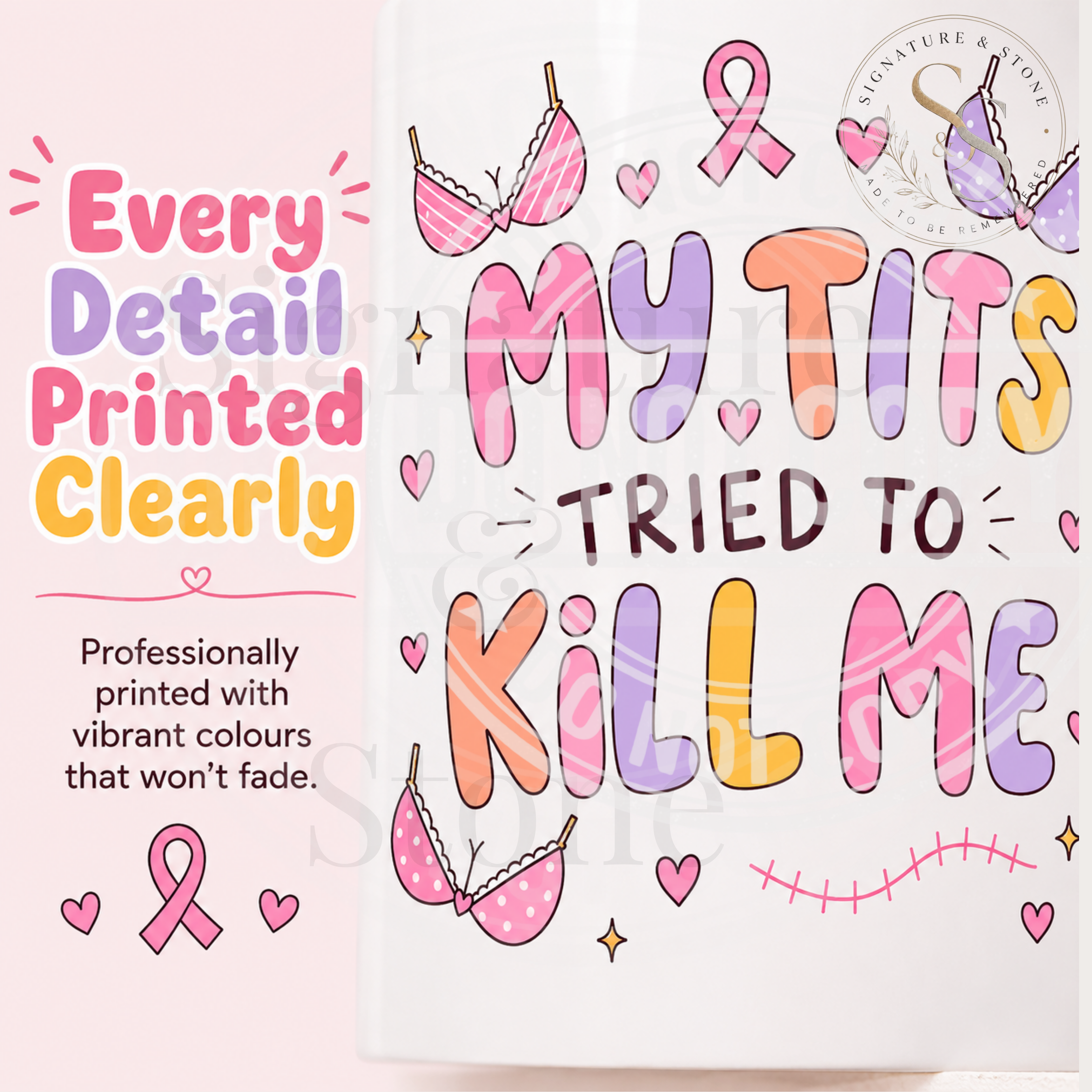 Close-up of the colourful survivor mug design with breast cancer awareness ribbon.