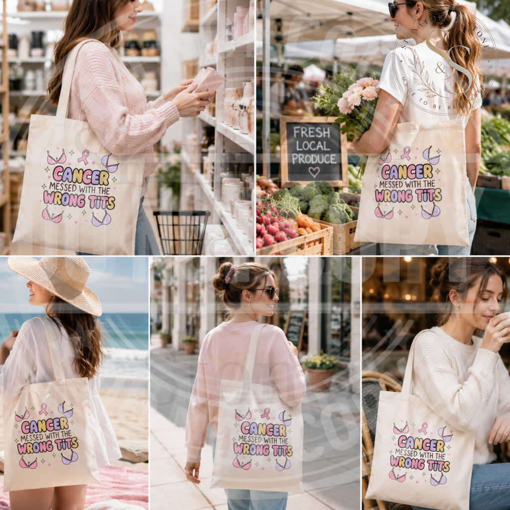 Cancer Messed With the Wrong Tits Tote Bag | Funny Breast Cancer Survivor Cotton Tote