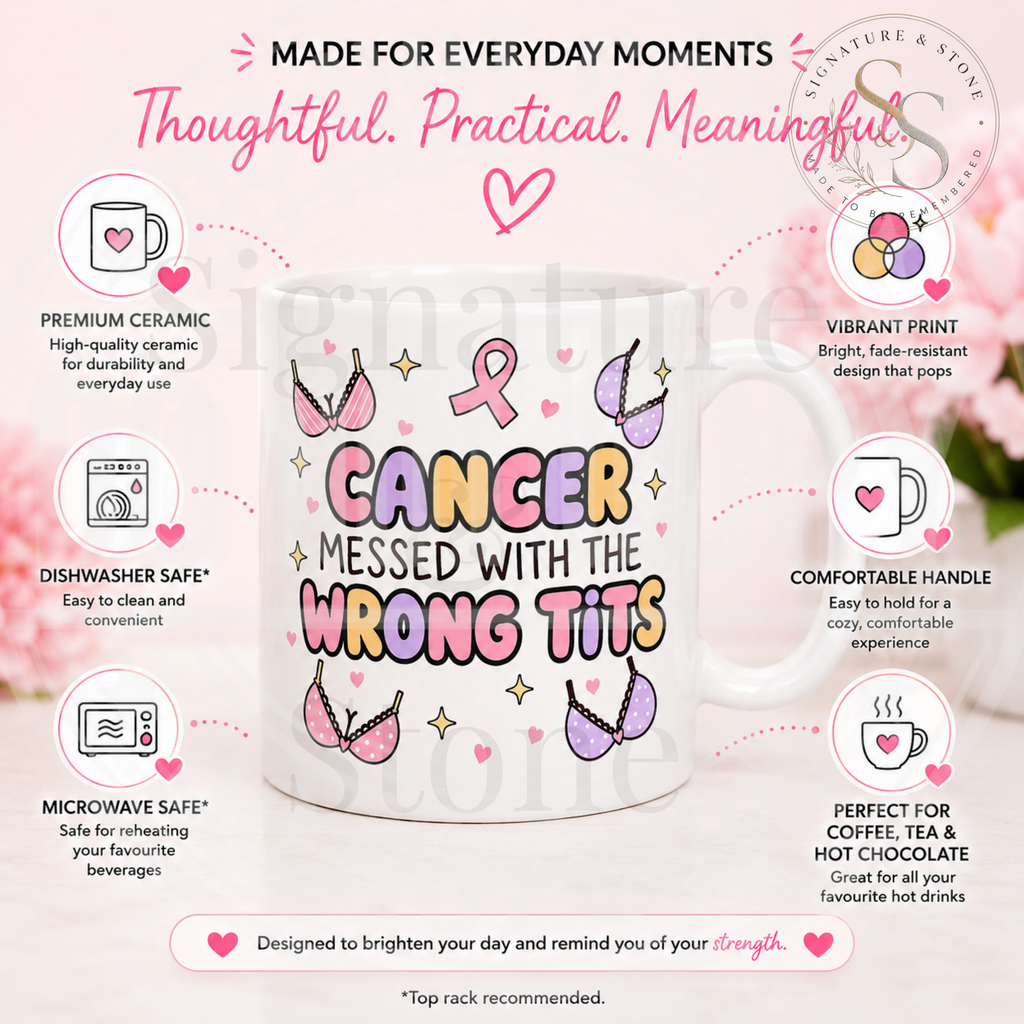 Cancer Messed With the Wrong Tits Mug | Funny Breast Cancer Survivor Coffee Mug