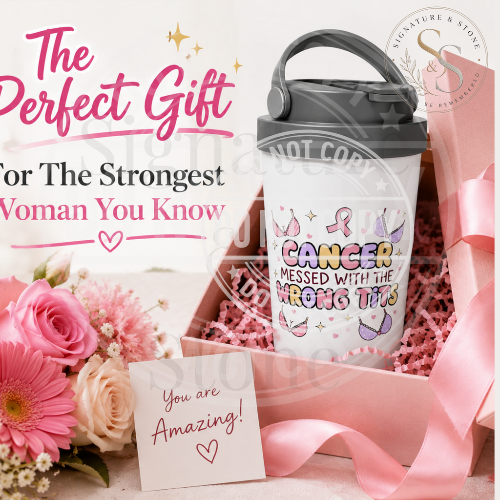 Cancer Messed With the Wrong Tits Travel Mug | Funny Breast Cancer Survivor Tumbler