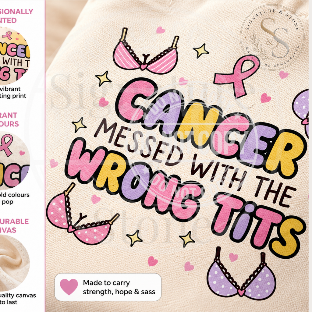 Cancer Messed With the Wrong Tits Tote Bag | Funny Breast Cancer Survivor Cotton Tote