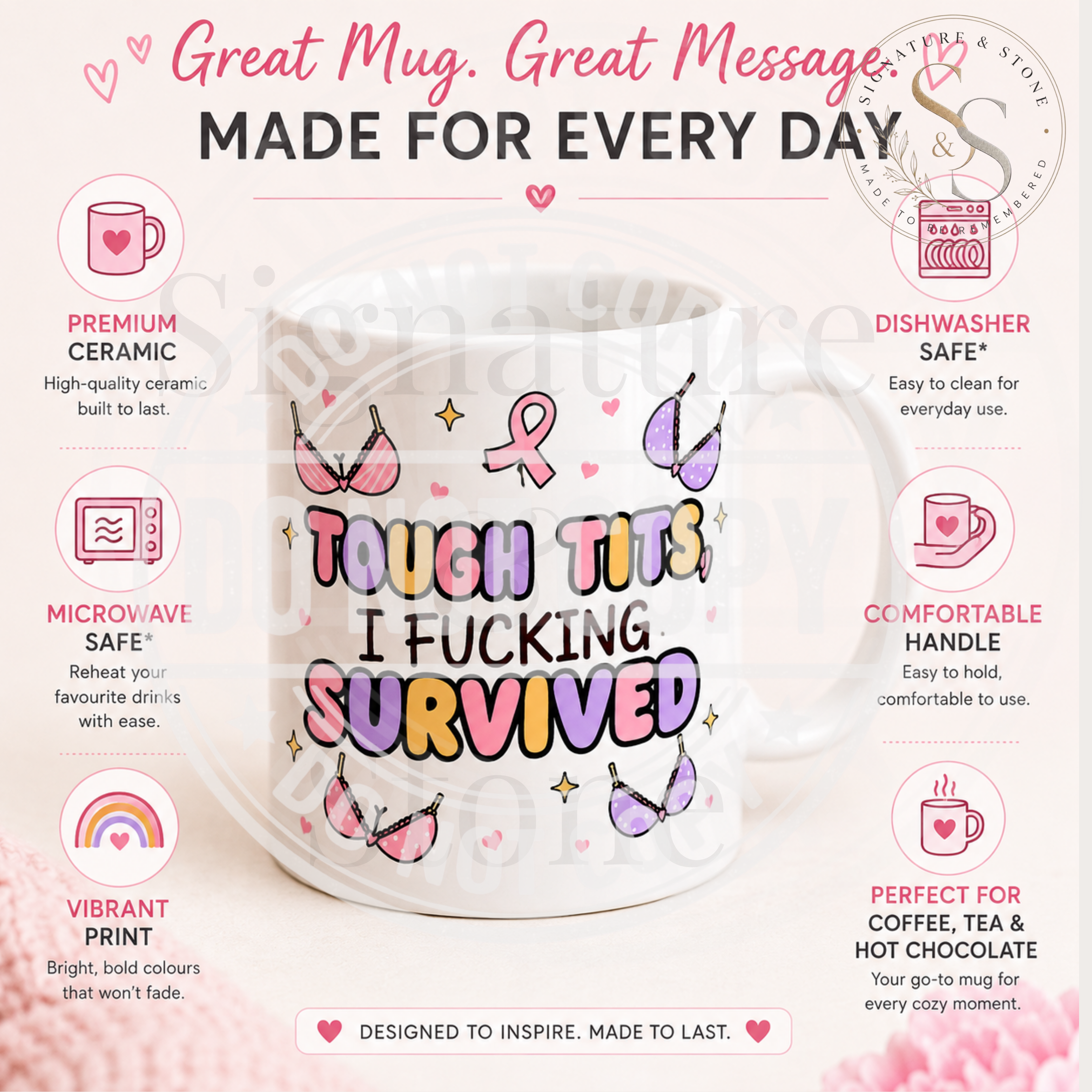 Tough Tits I F*cking Survived Mug | Funny Breast Cancer Survivor Coffee Mug