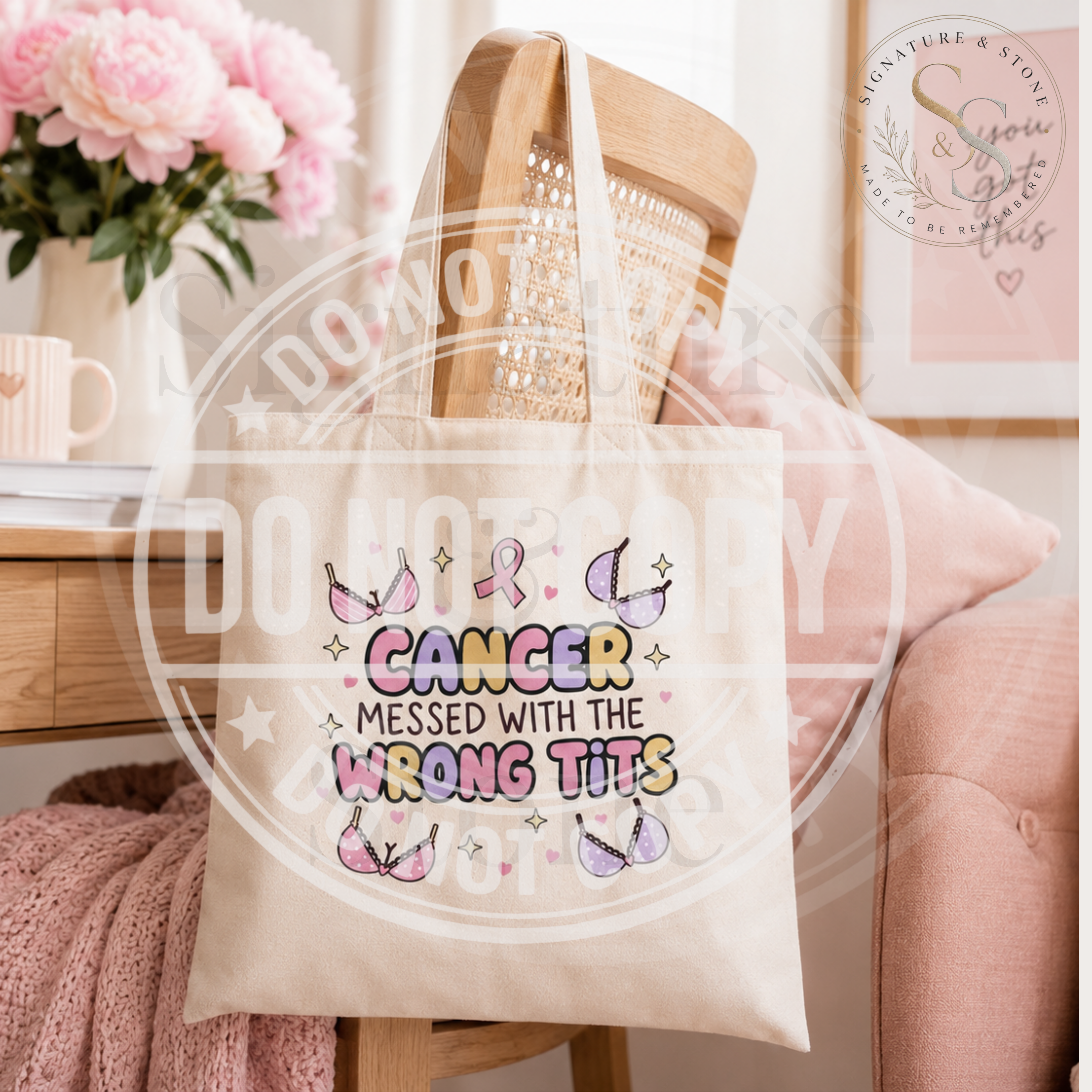 Cancer Messed With the Wrong Tits Tote Bag | Funny Breast Cancer Survivor Cotton Tote