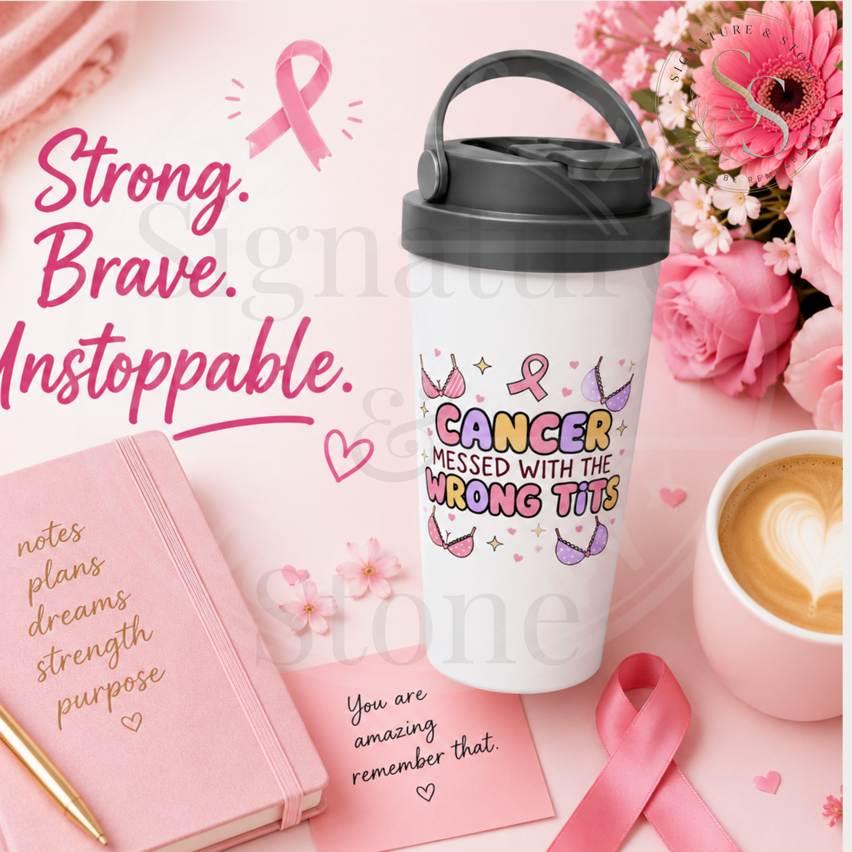 Cancer Messed With the Wrong Tits Travel Mug | Funny Breast Cancer Survivor Tumbler