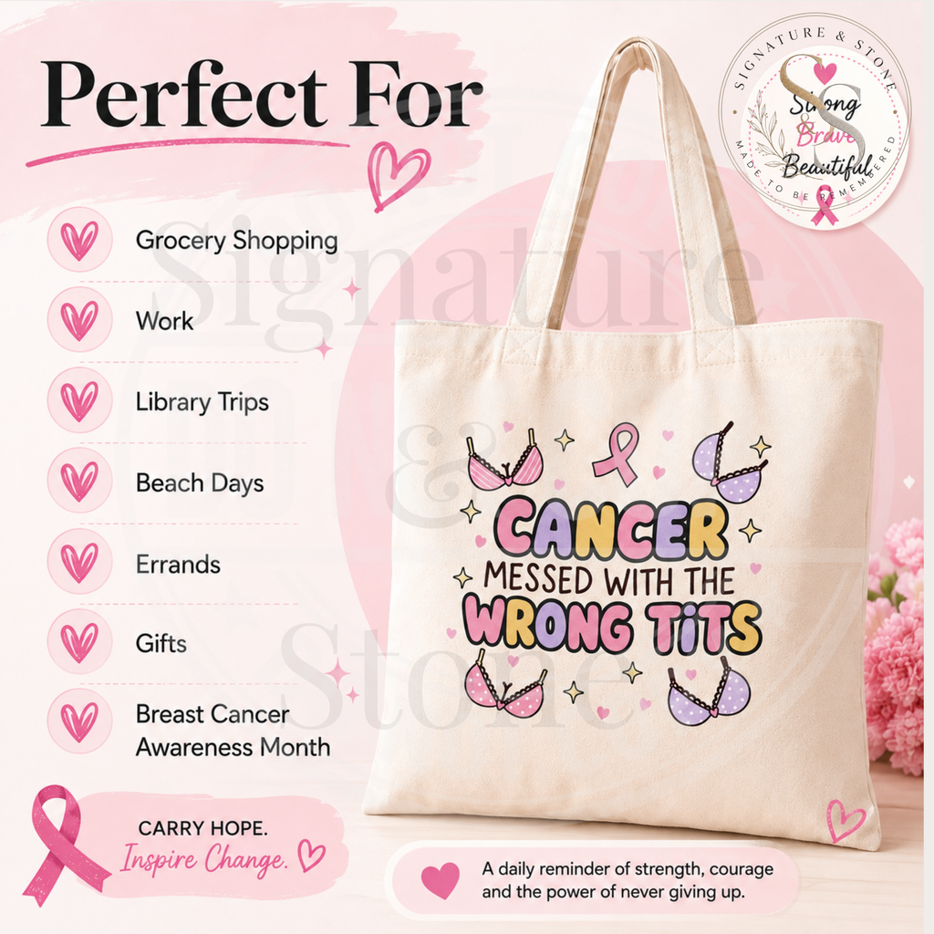 Cancer Messed With the Wrong Tits Tote Bag | Funny Breast Cancer Survivor Cotton Tote