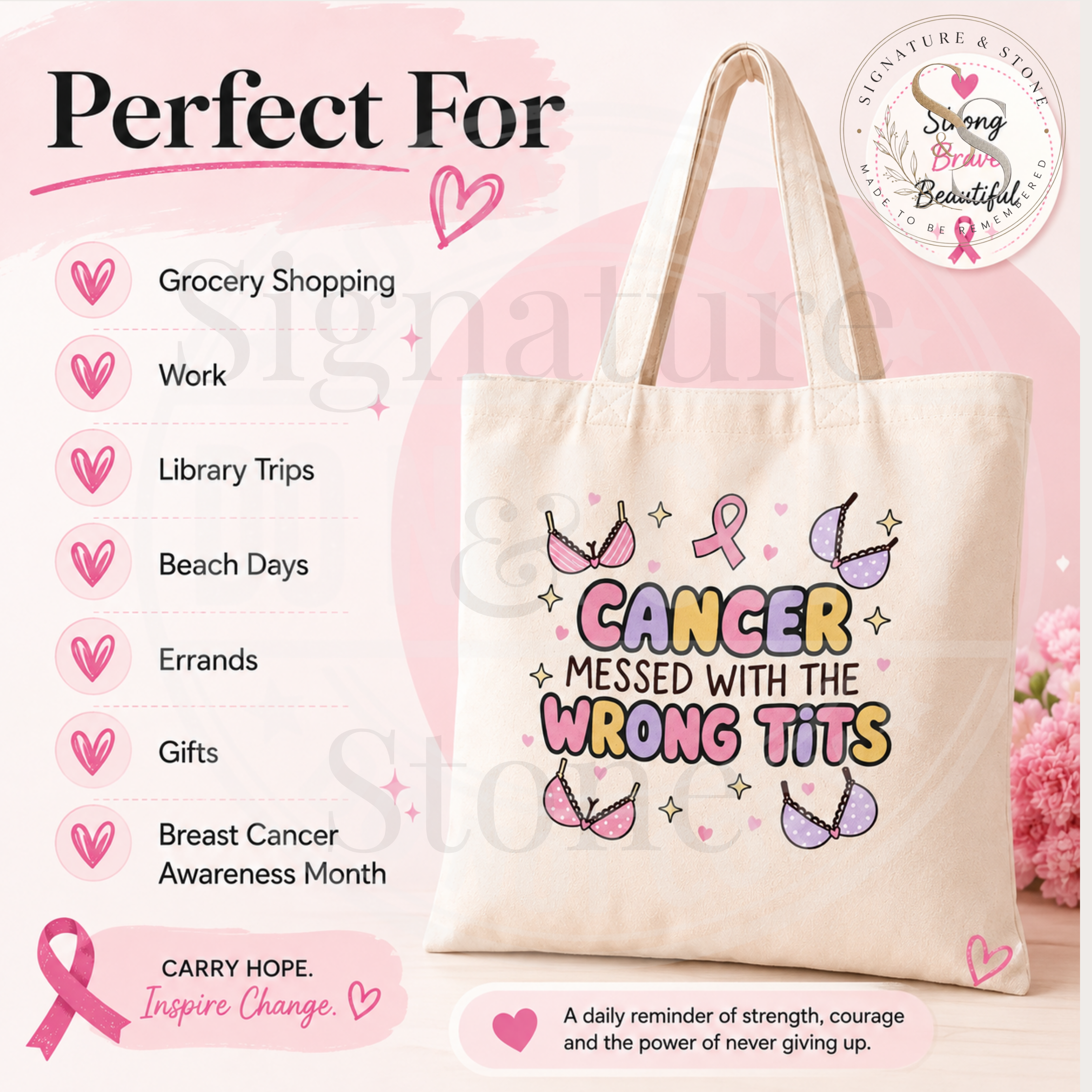 Cancer Messed With the Wrong Tits Tote Bag | Funny Breast Cancer Survivor Cotton Tote