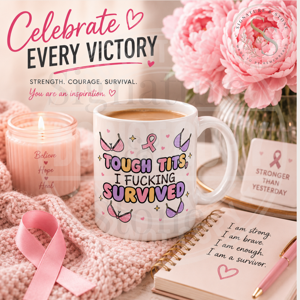 Tough Tits I F*cking Survived Mug | Funny Breast Cancer Survivor Coffee Mug