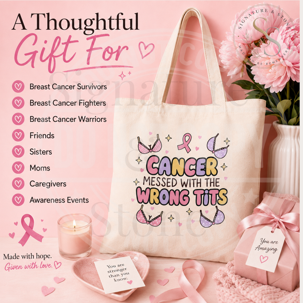 Cancer Messed With the Wrong Tits Tote Bag | Funny Breast Cancer Survivor Cotton Tote