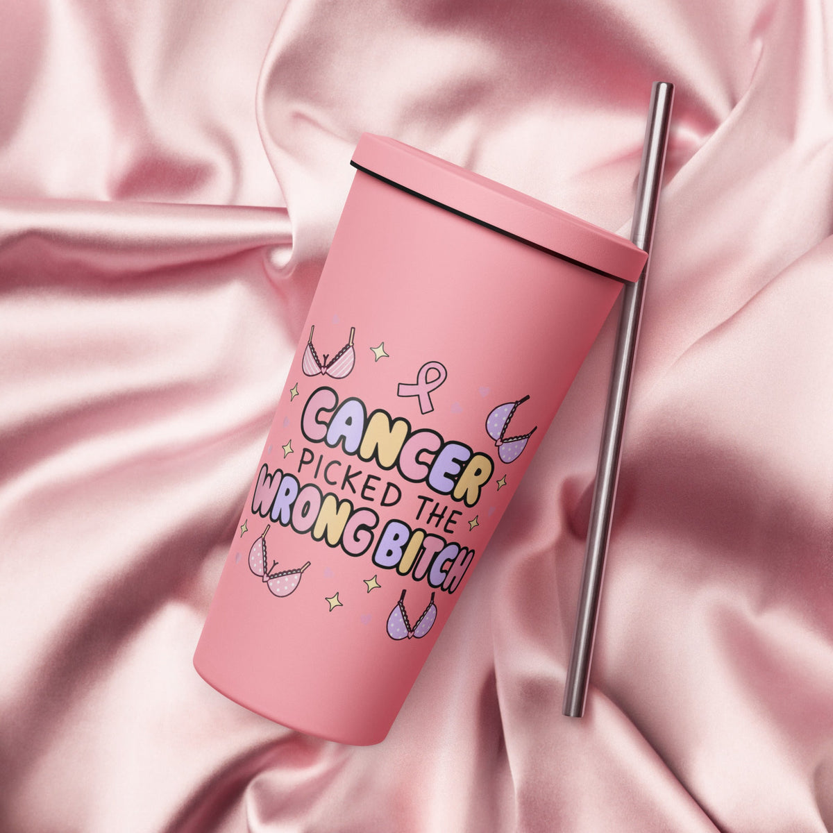 Cancer Picked the Wrong Bitch Breast Cancer 20oz Skinny Tumbler