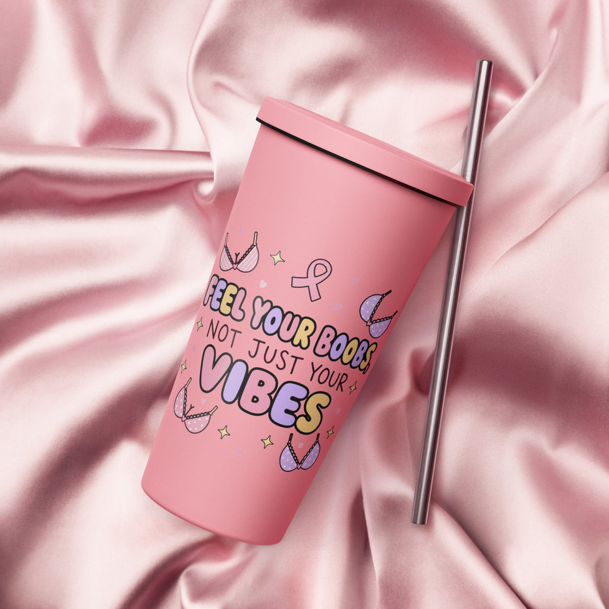 Feel Your Boobs Not Just Your Vibes Breast Cancer 20oz Skinny Tumbler