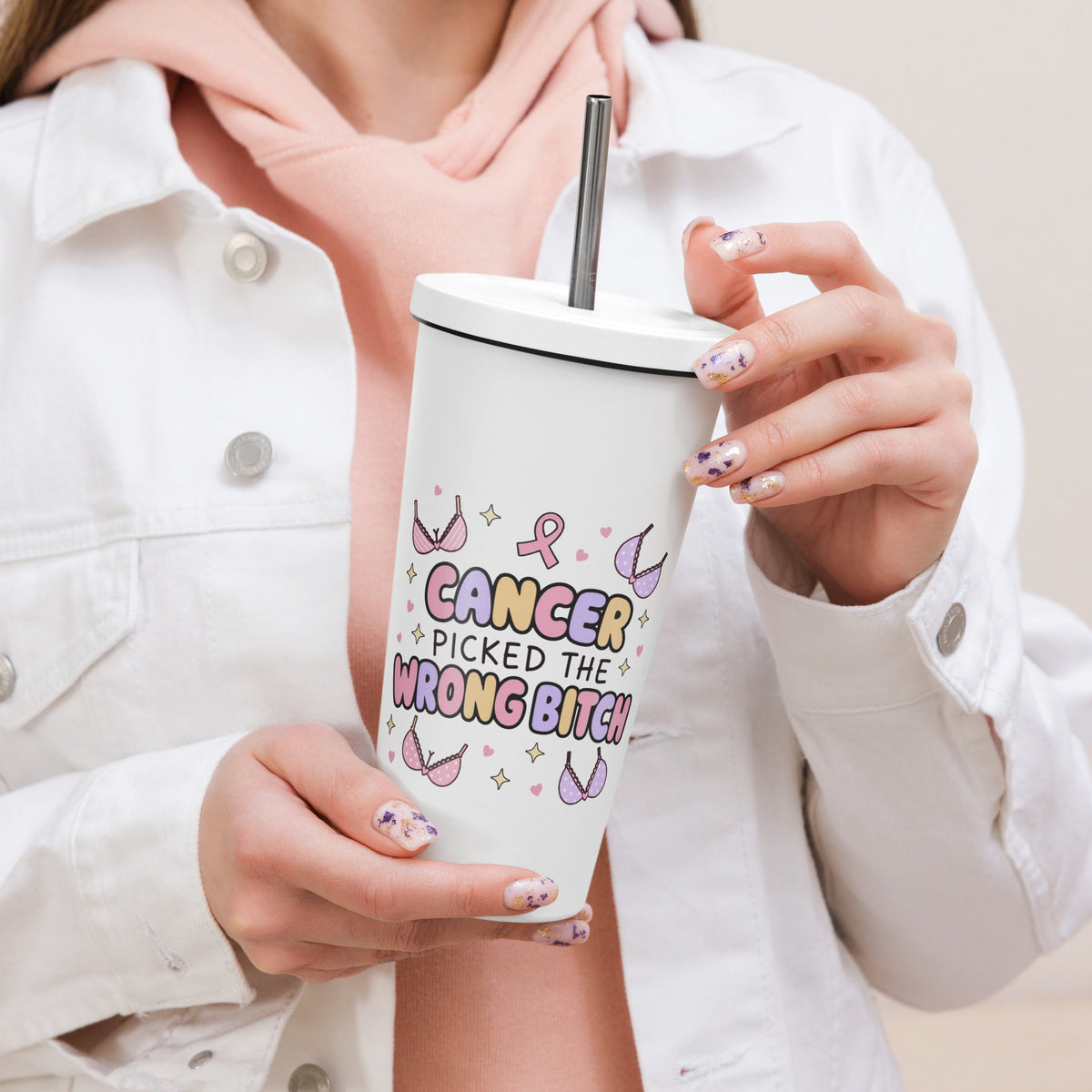 Cancer Picked the Wrong Bitch Breast Cancer 20oz Skinny Tumbler