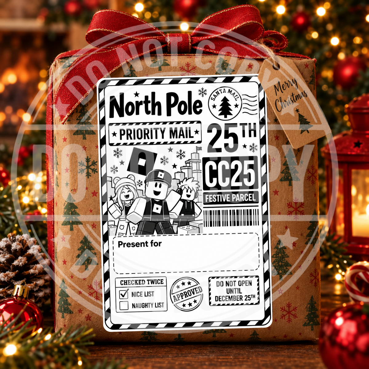 Personalised North Pole Christmas gift label design displayed on a wrapped present