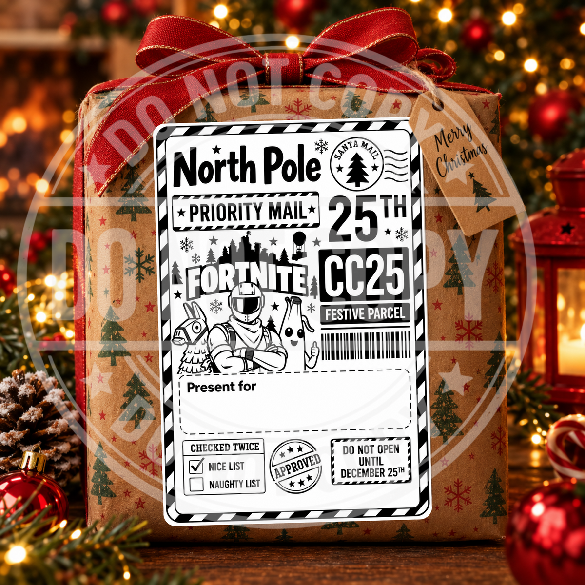 Fortnite-inspired personalised North Pole Christmas gift label on a wrapped present
