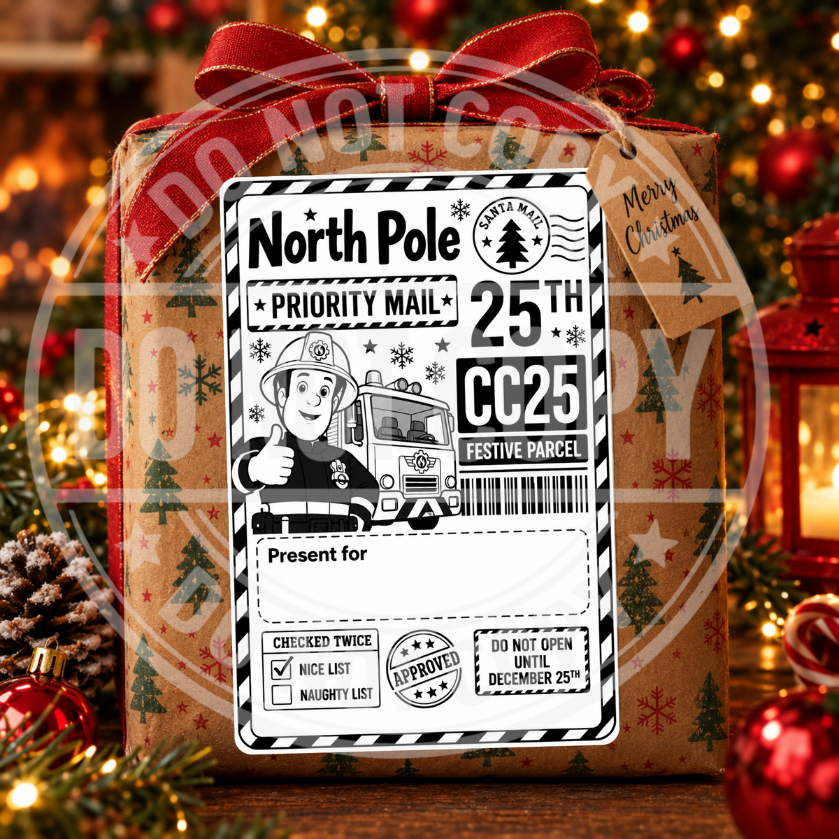 Personalised festive character North Pole Christmas gift label on a wrapped present