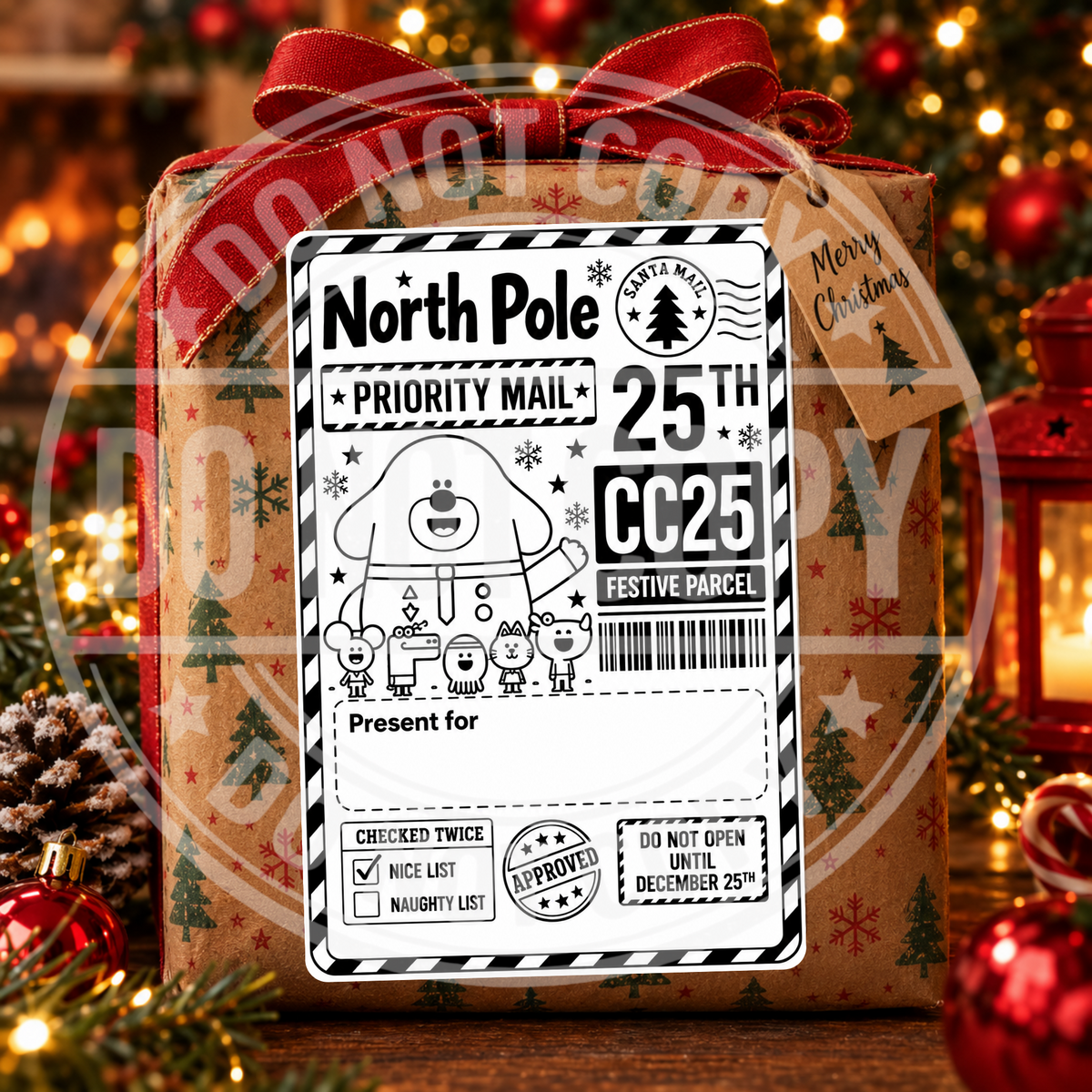 Snowman personalised North Pole Christmas gift label on a wrapped present