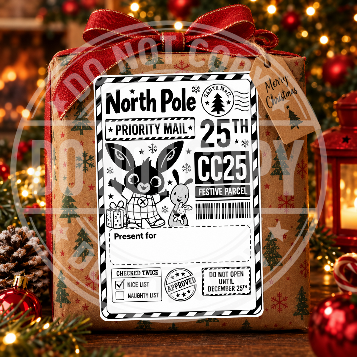 Cute character personalised North Pole Christmas gift label on a wrapped present