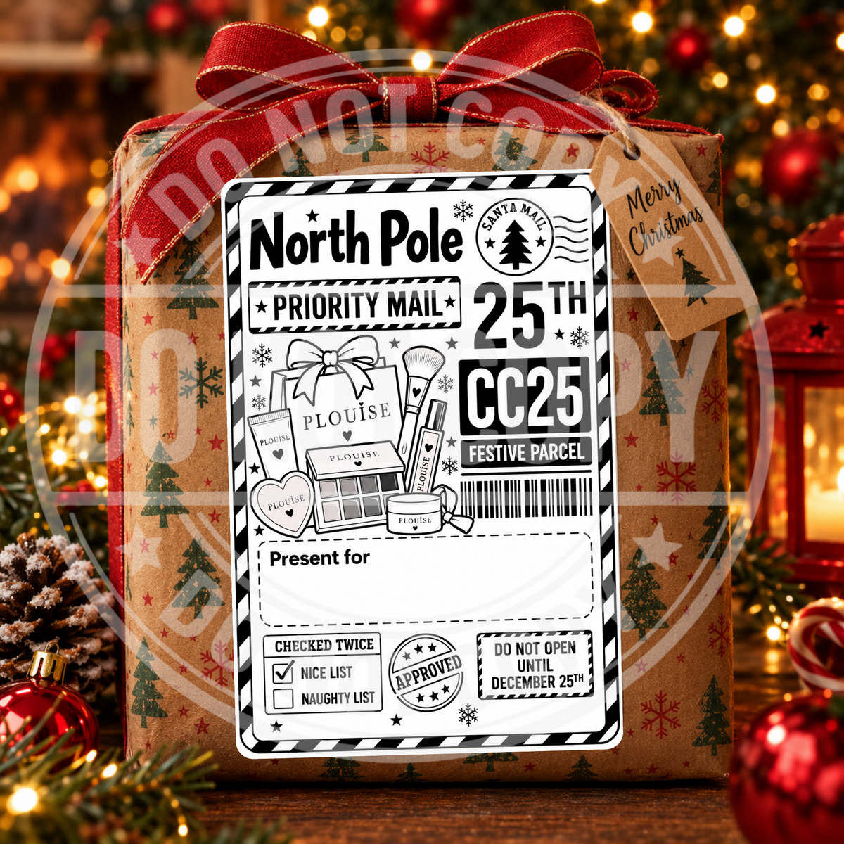 Christmas presents personalised North Pole gift label on a wrapped present