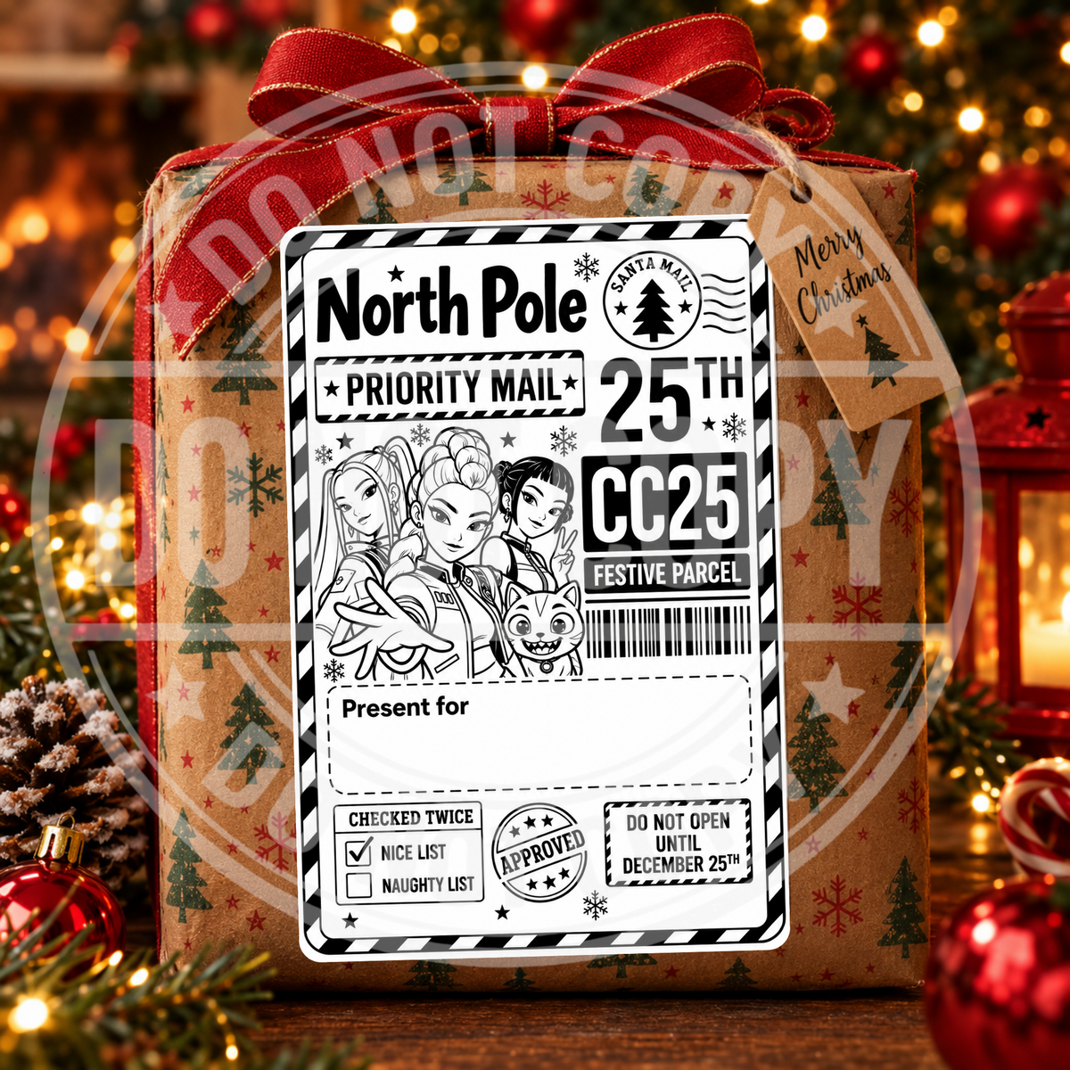 Princess personalised North Pole Christmas gift label on a wrapped present