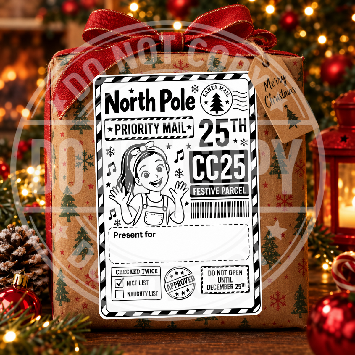 Girl character personalised North Pole Christmas gift label on a wrapped present