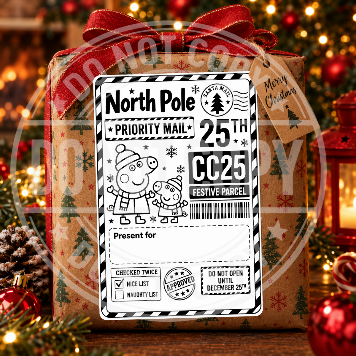 Robot personalised North Pole Christmas gift label on a wrapped present
