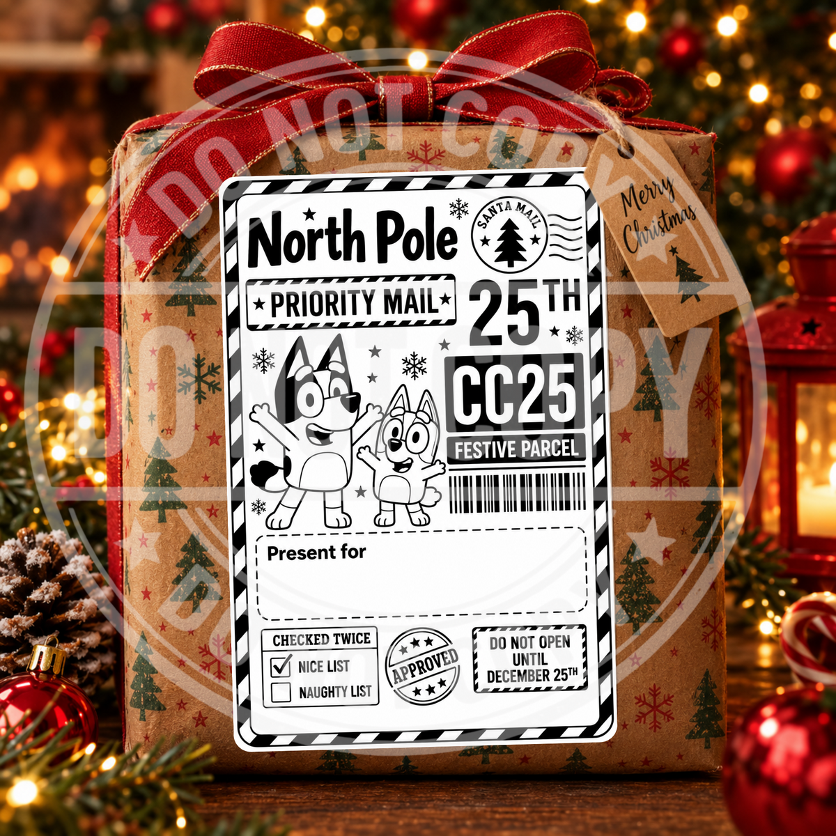 Festive cartoon character personalised North Pole Christmas gift label on a present