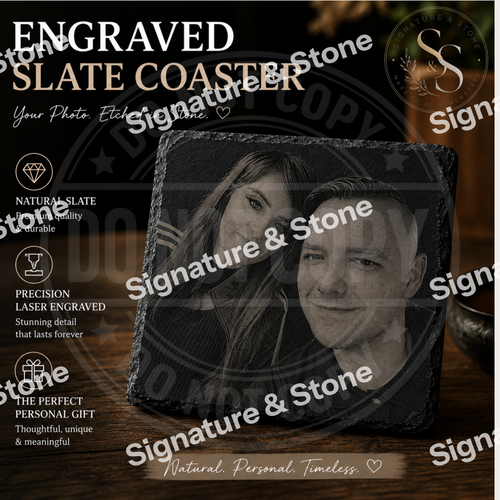Personalised Engraved Slate Coaster, Custom Photo Coaster, Laser Engraved Gift