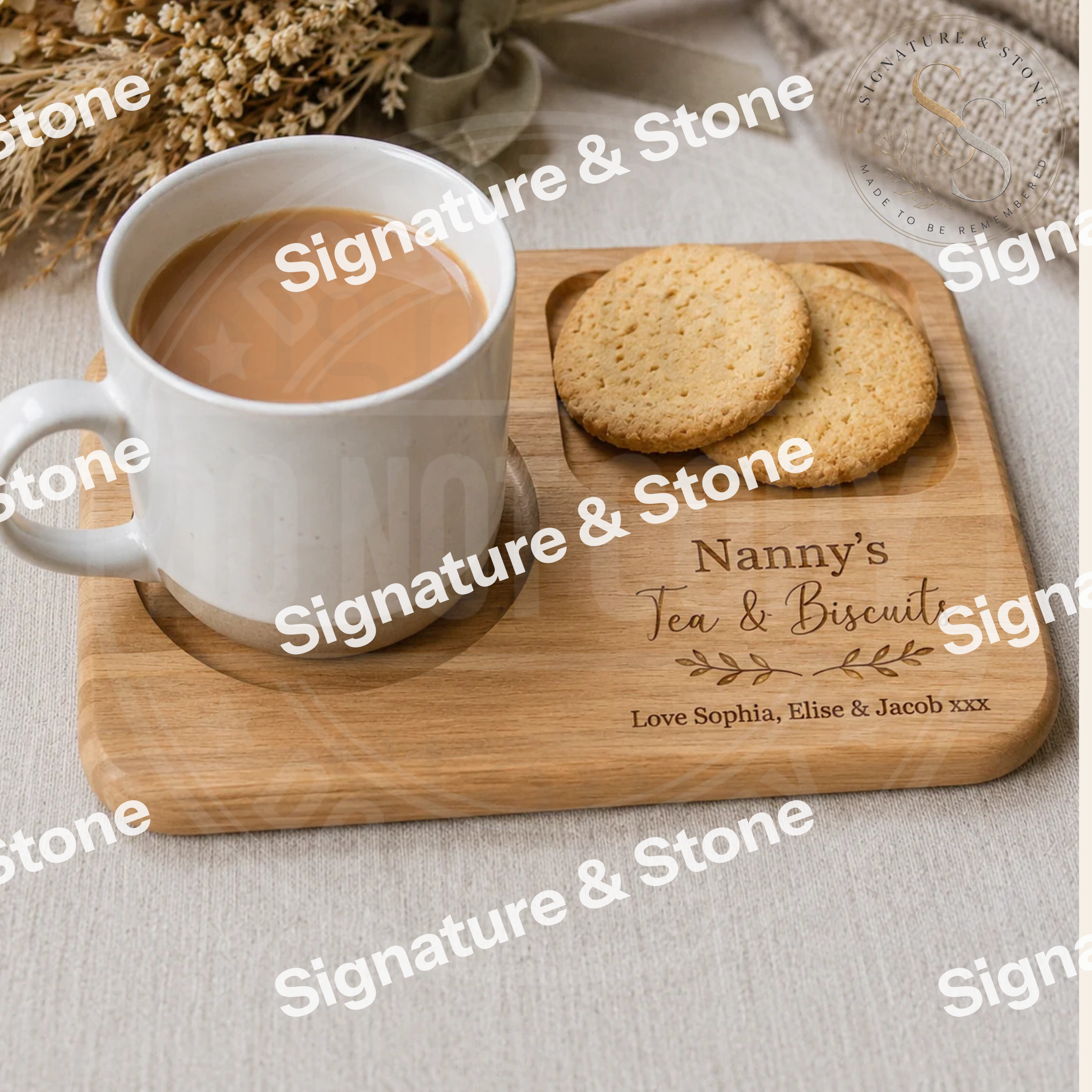 Personalised Tea & Biscuit Board, Engraved Wooden Tea Tray, Custom Tea Board Gift for Nanny, Grandma, Mum