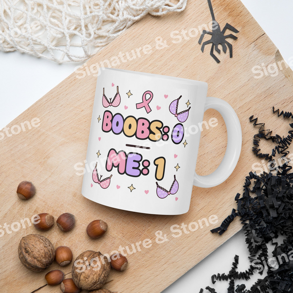 Watermarked - Boobs: 0 Me: 1 Funny Breast Cancer Survivor Coffee Mug