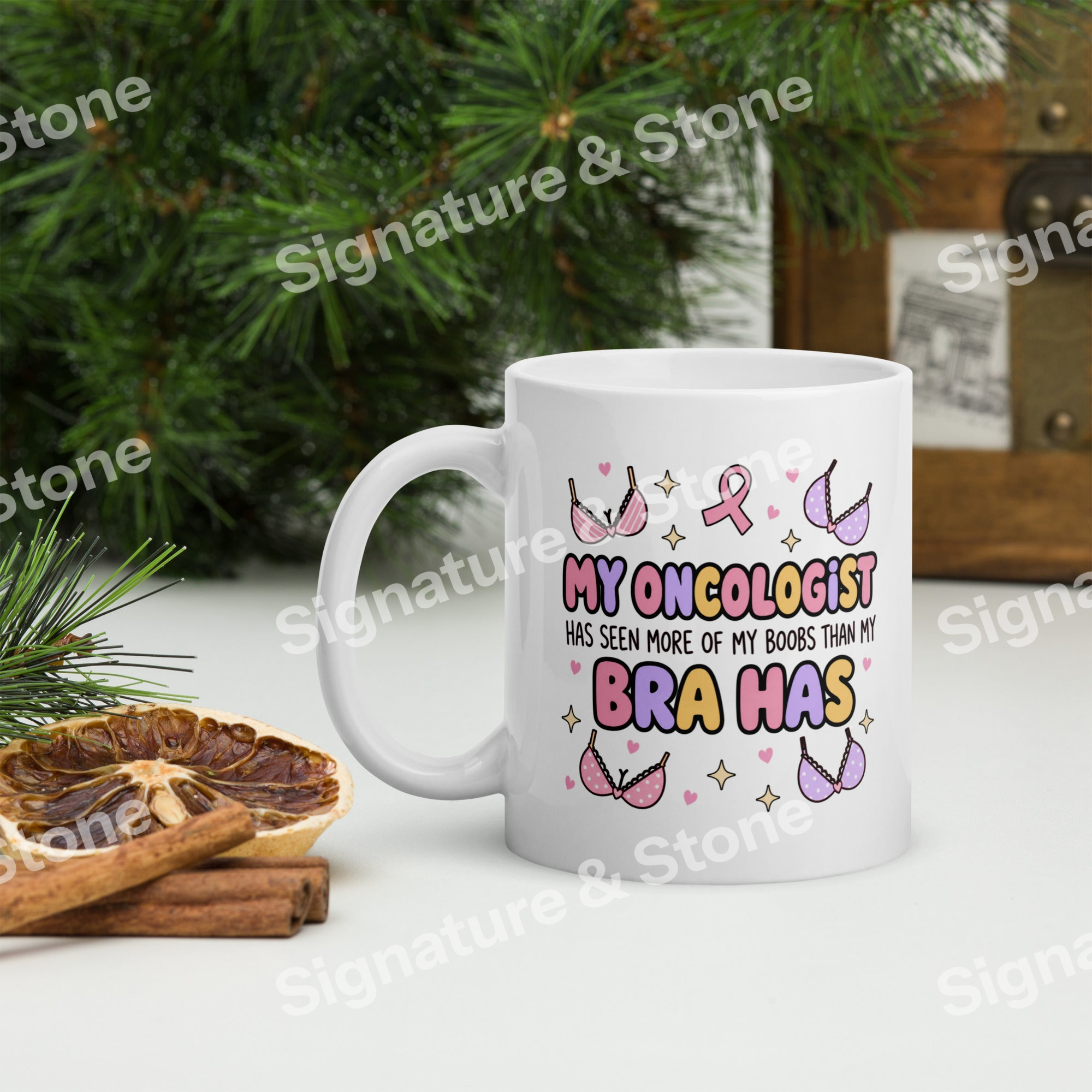 Watermarked - My Oncologist Has Seen More of My Boobs Than My Bras Funny Breast Cancer Mug