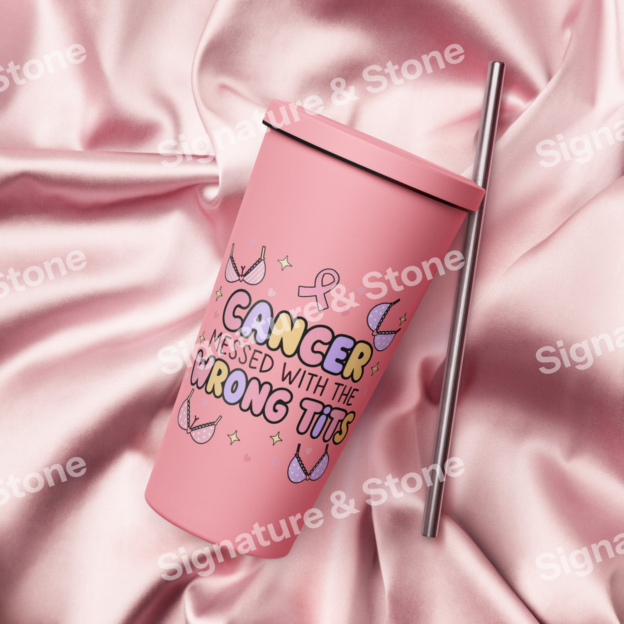 Watermarked - Cancer Messed With the Wrong Tits Breast Cancer 20oz Skinny Tumbler