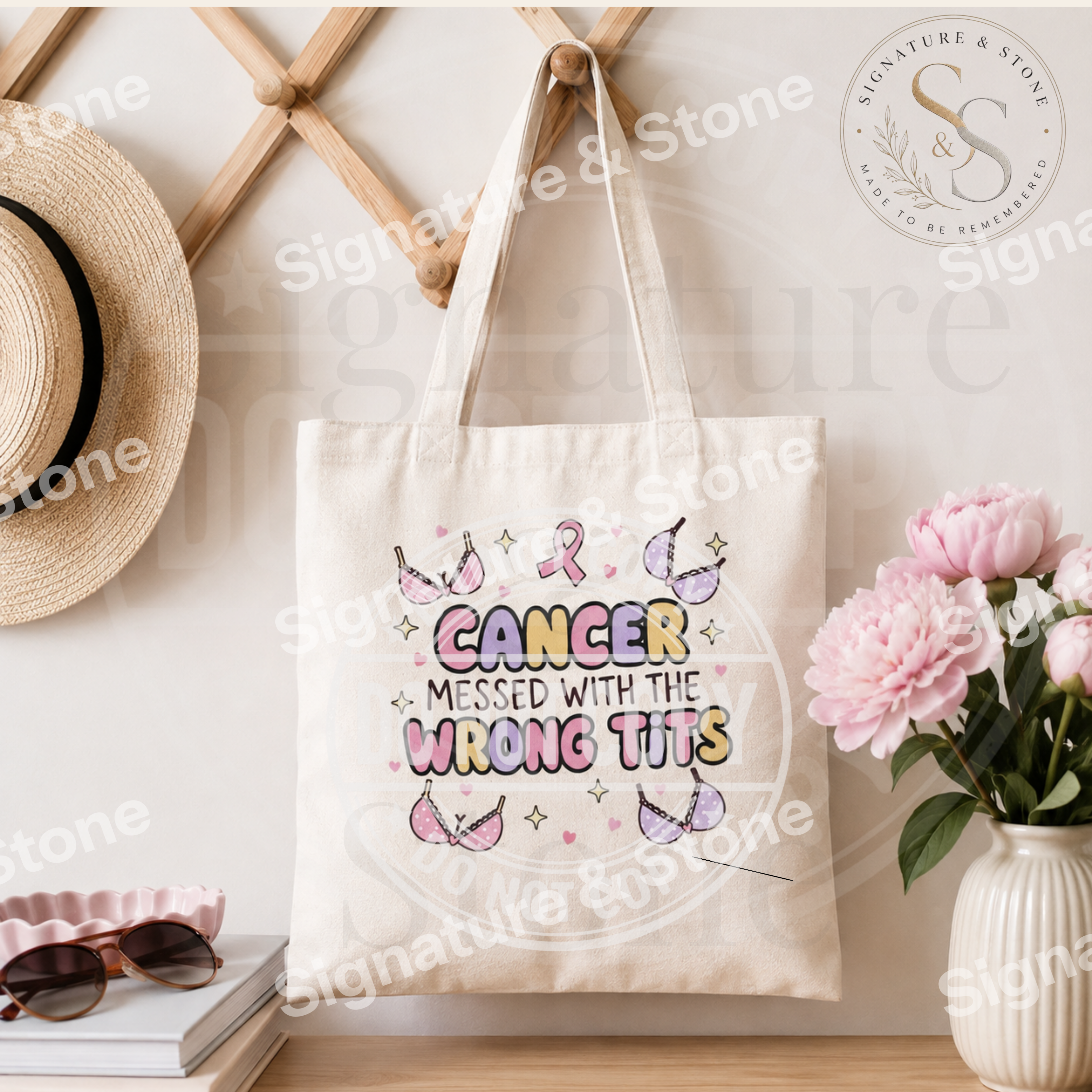 Watermarked - Cancer Messed With the Wrong Tits Tote Bag | Funny Breast Cancer Survivor Cotton Tote