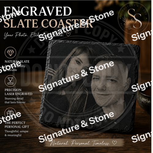 Personalised Engraved Slate Coaster, Custom Photo Coaster, Laser Engraved Gift