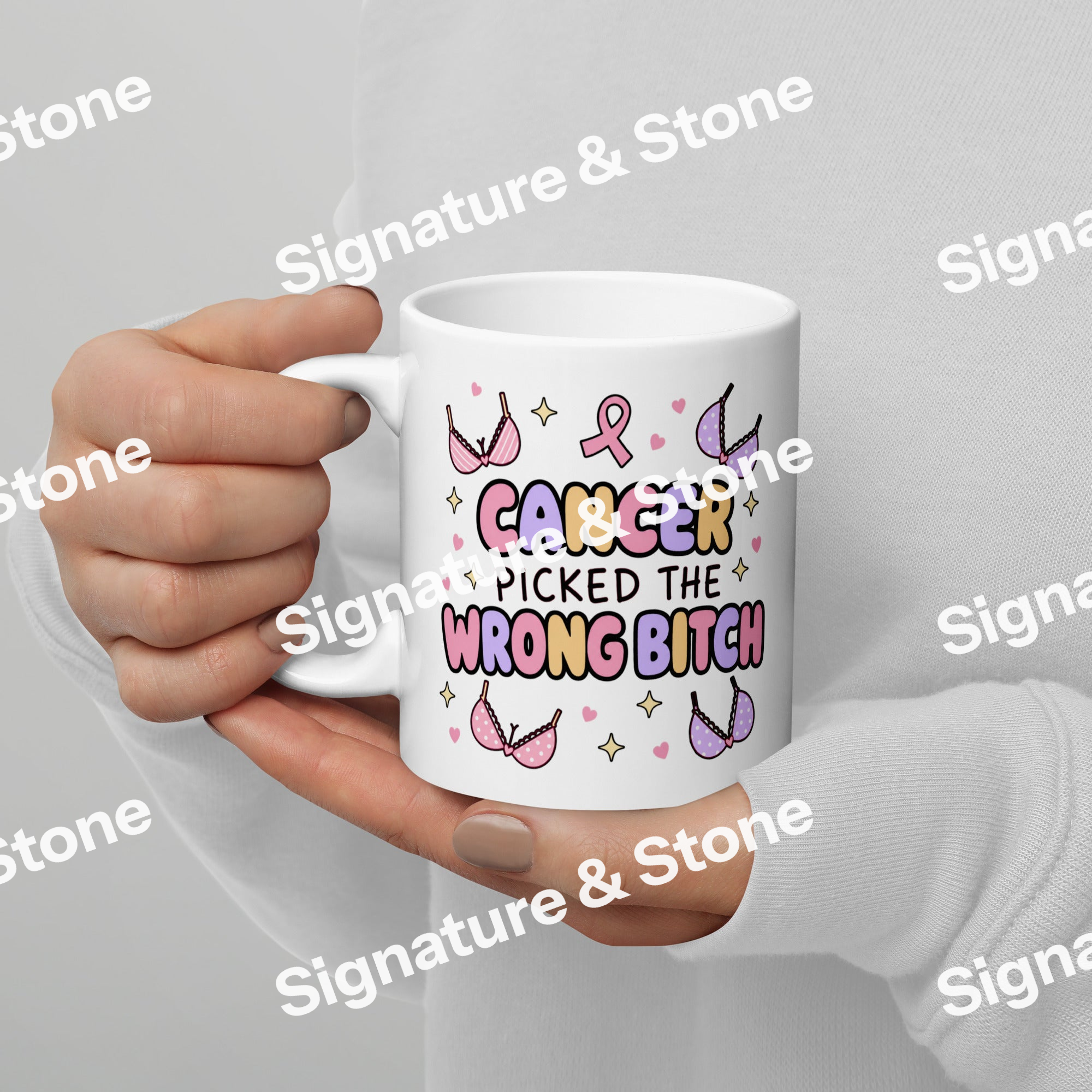 Watermarked - Cancer Picked the Wrong Bitch Funny Breast Cancer Survivor Coffee Mug