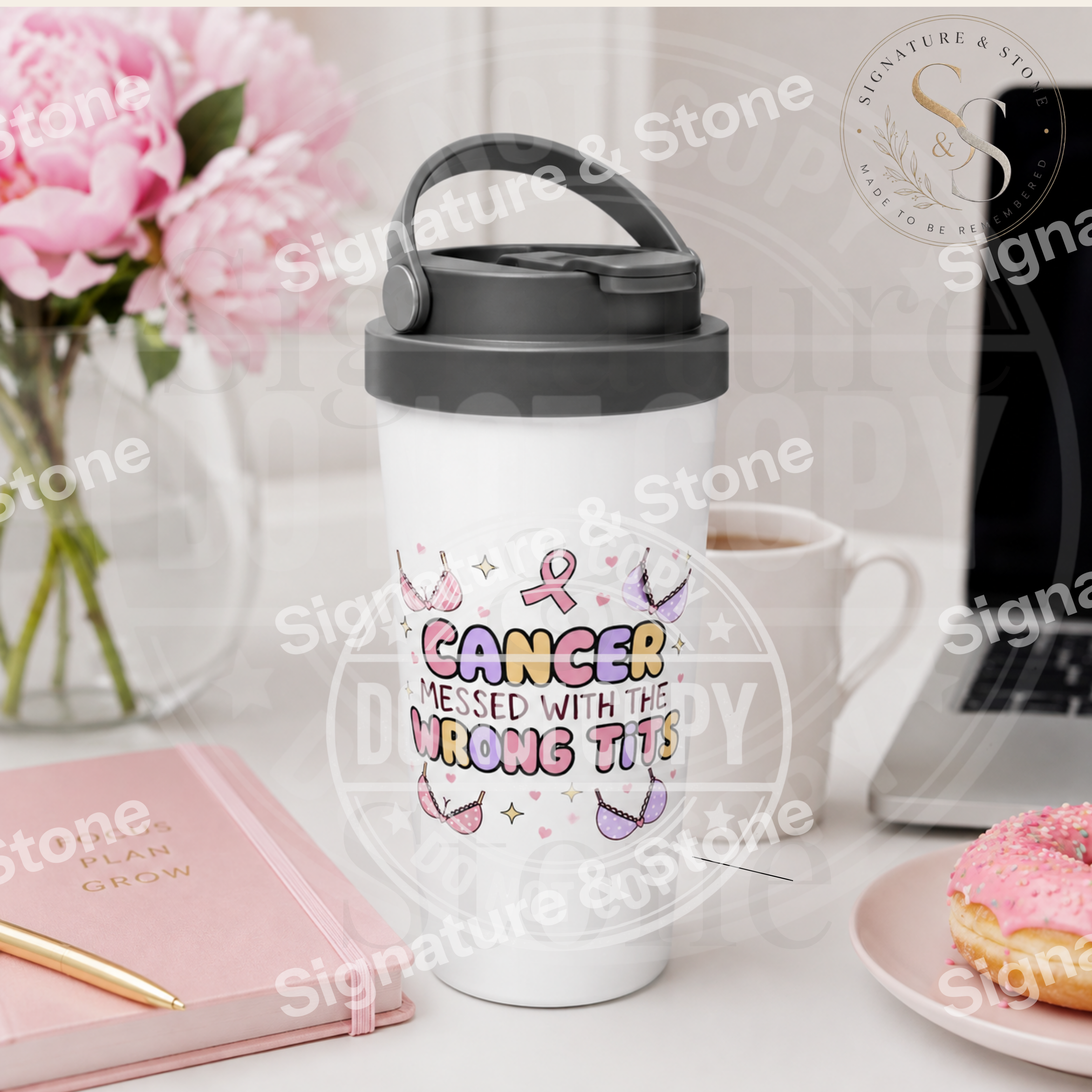 Watermarked - Cancer Messed With the Wrong Tits Travel Mug | Funny Breast Cancer Survivor Tumbler