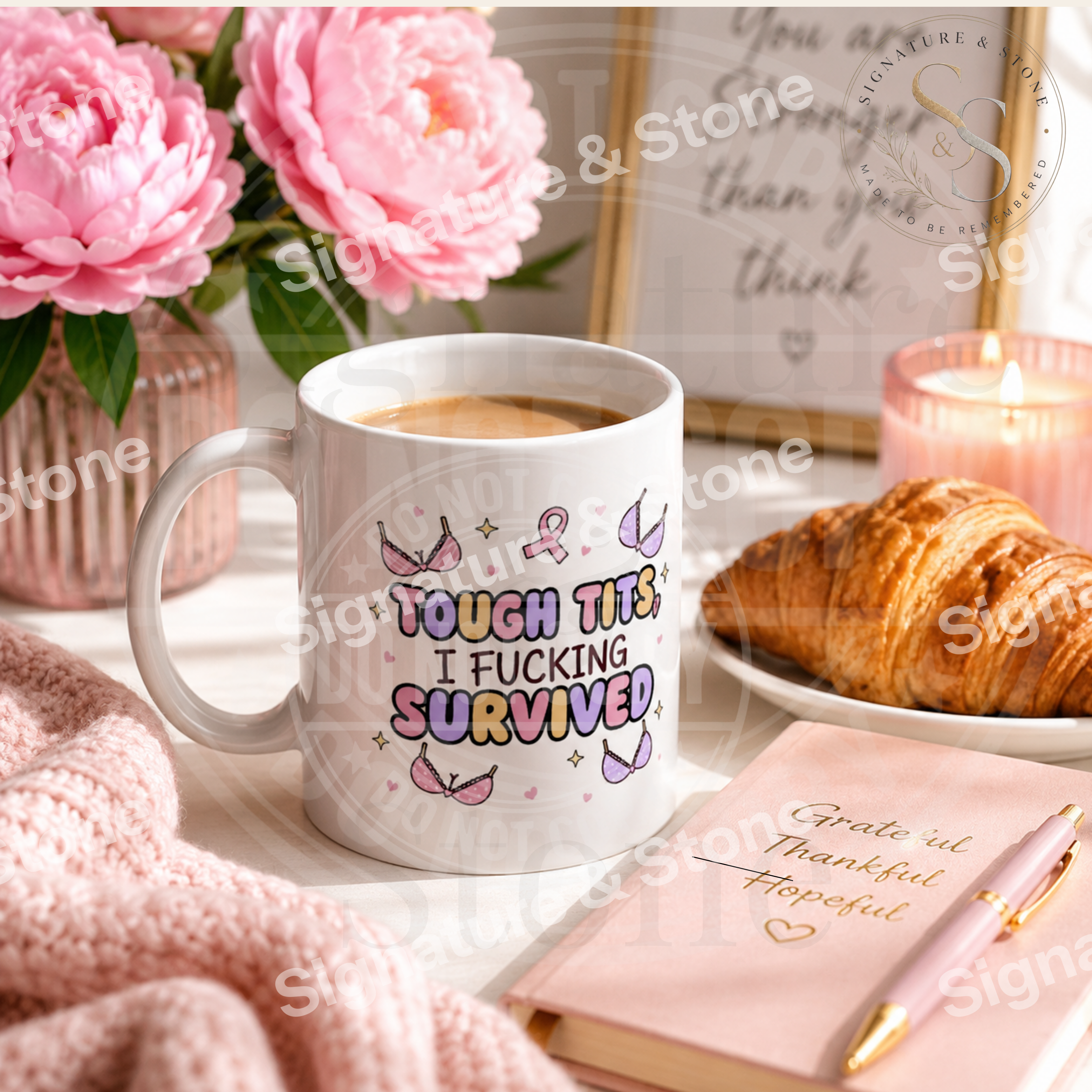 Watermarked - Tough Tits I F*cking Survived Mug | Funny Breast Cancer Survivor Coffee Mug