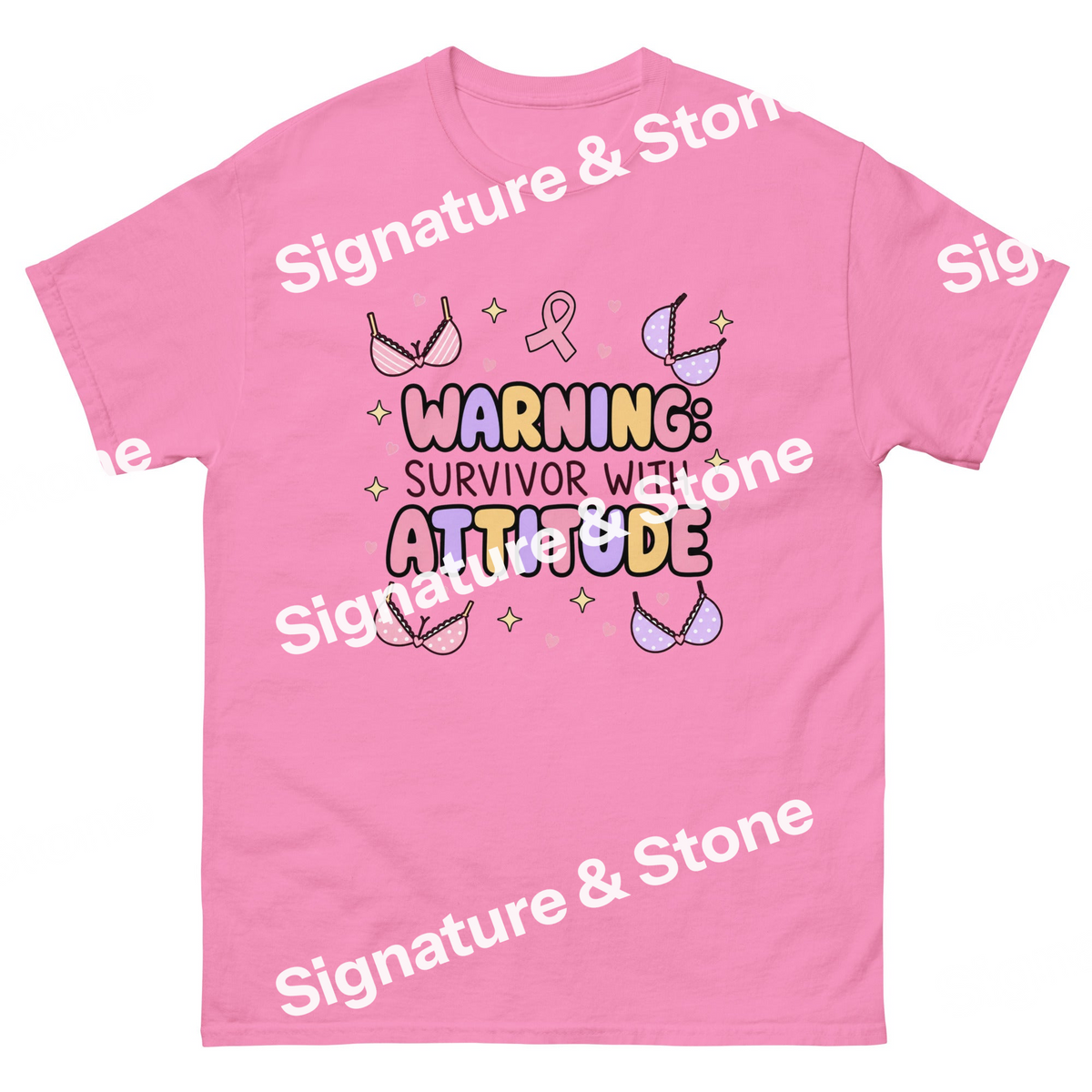 Watermarked - Warning Survivor With Attitude Funny Breast Cancer Survivor T Shirt