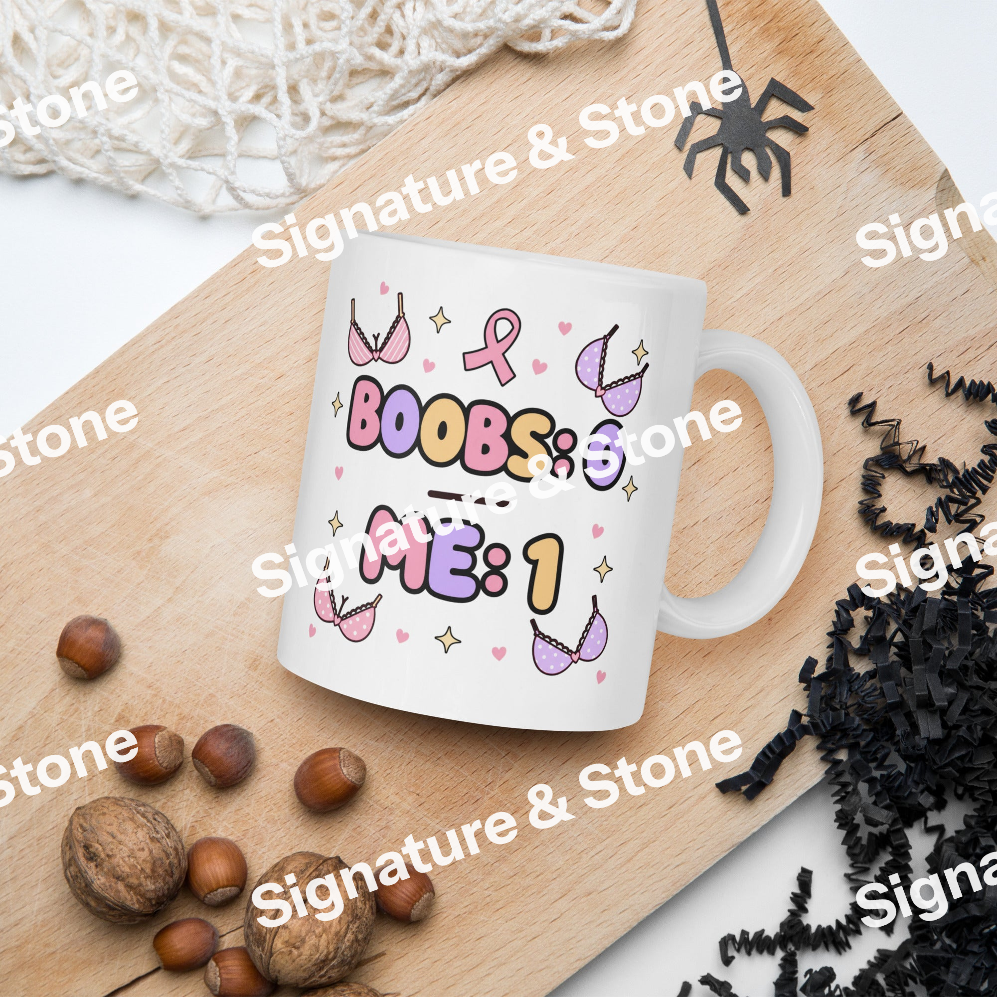Watermarked - Boobs: 0 Me: 1 Funny Breast Cancer Survivor Coffee Mug