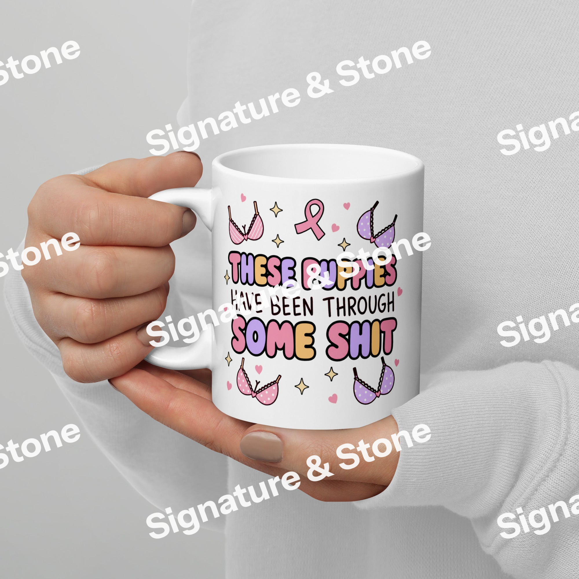 Watermarked - These Puppies Have Been Through Some Sh*t Breast Cancer Survivor Coffee Mug