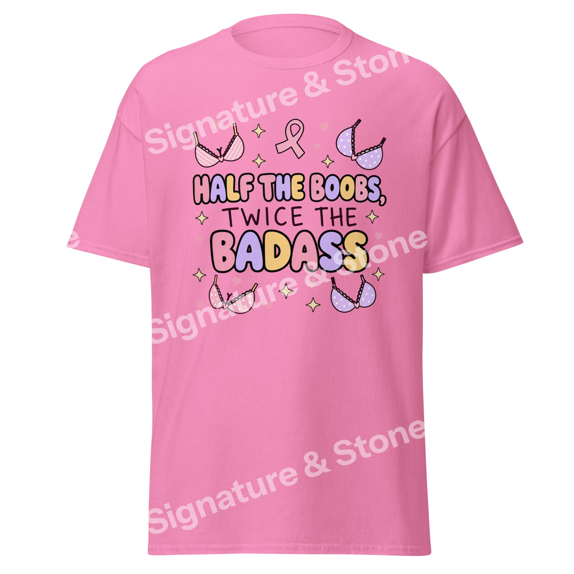 Watermarked - Half the Boobs Twice the Badass Funny Breast Cancer Survivor T Shirt