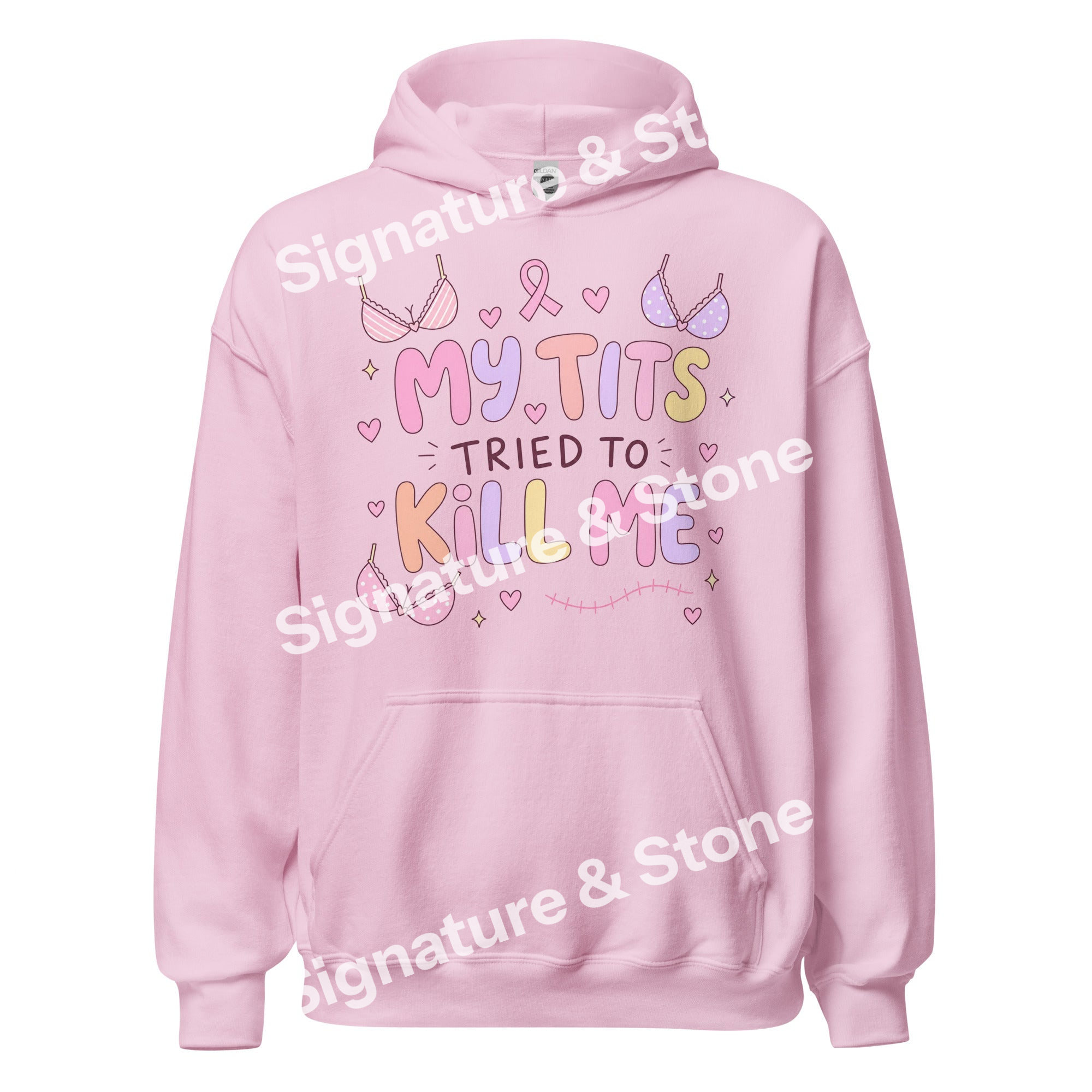 My Tits Tried to Kill Me Funny Breast Cancer Survivor Hoodie Pink Ribbon Gift