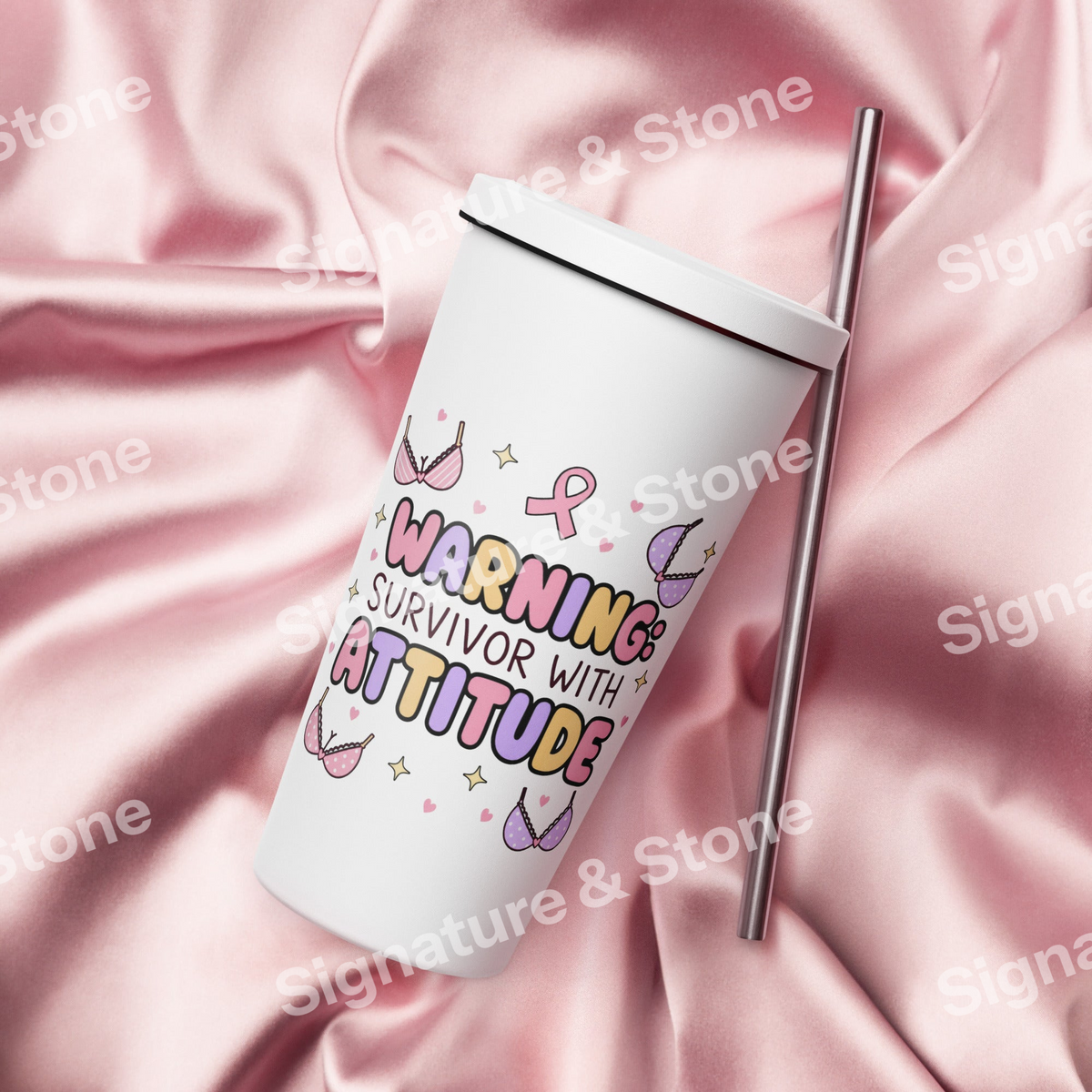 Warning Survivor With Attitude Breast Cancer 20oz Skinny Tumbler