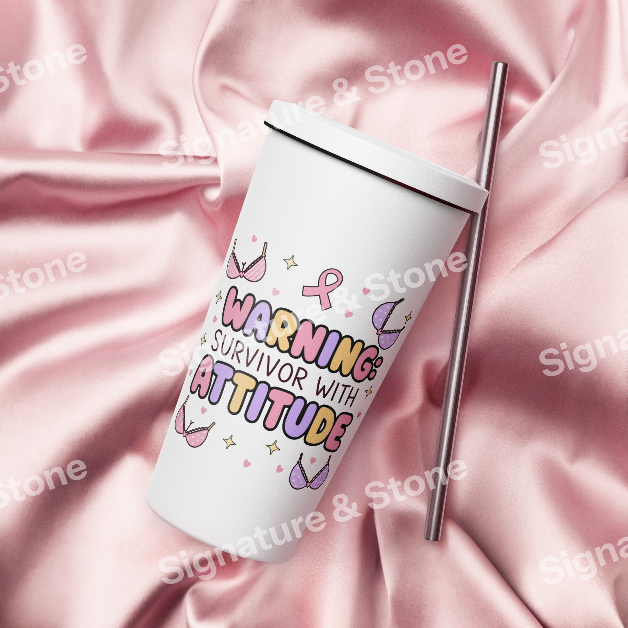 Watermarked - Warning Survivor With Attitude Breast Cancer 20oz Skinny Tumbler