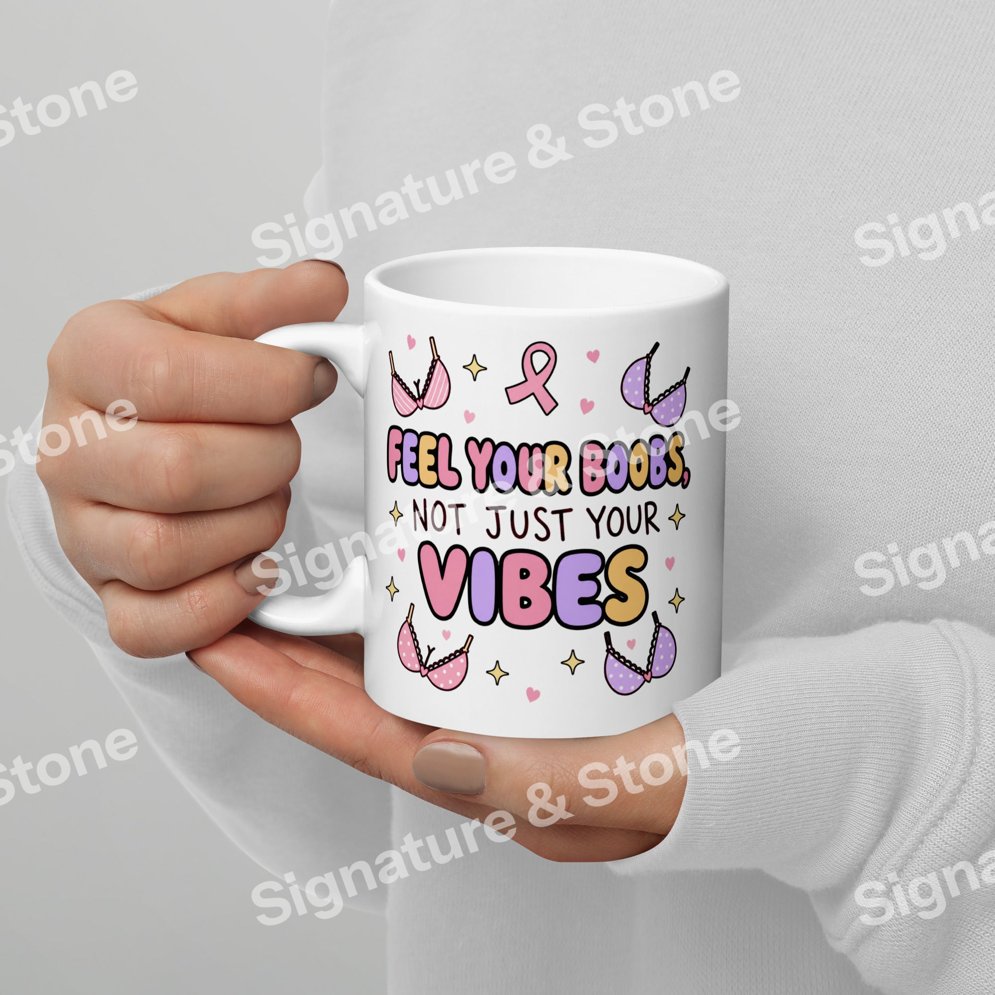 Watermarked - Feel Your Boobs Not Just Your Vibes Breast Cancer Awareness Coffee Mug