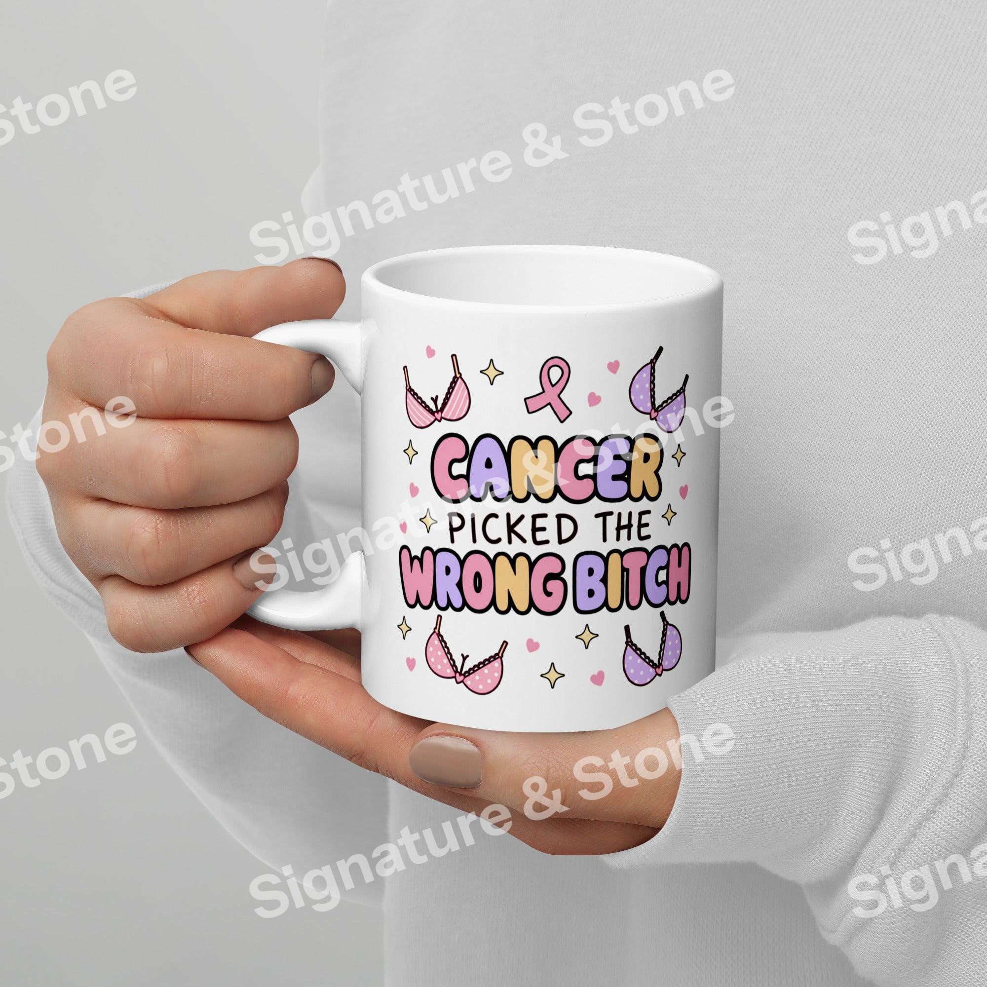 Watermarked - Cancer Picked the Wrong Bitch Funny Breast Cancer Survivor Coffee Mug