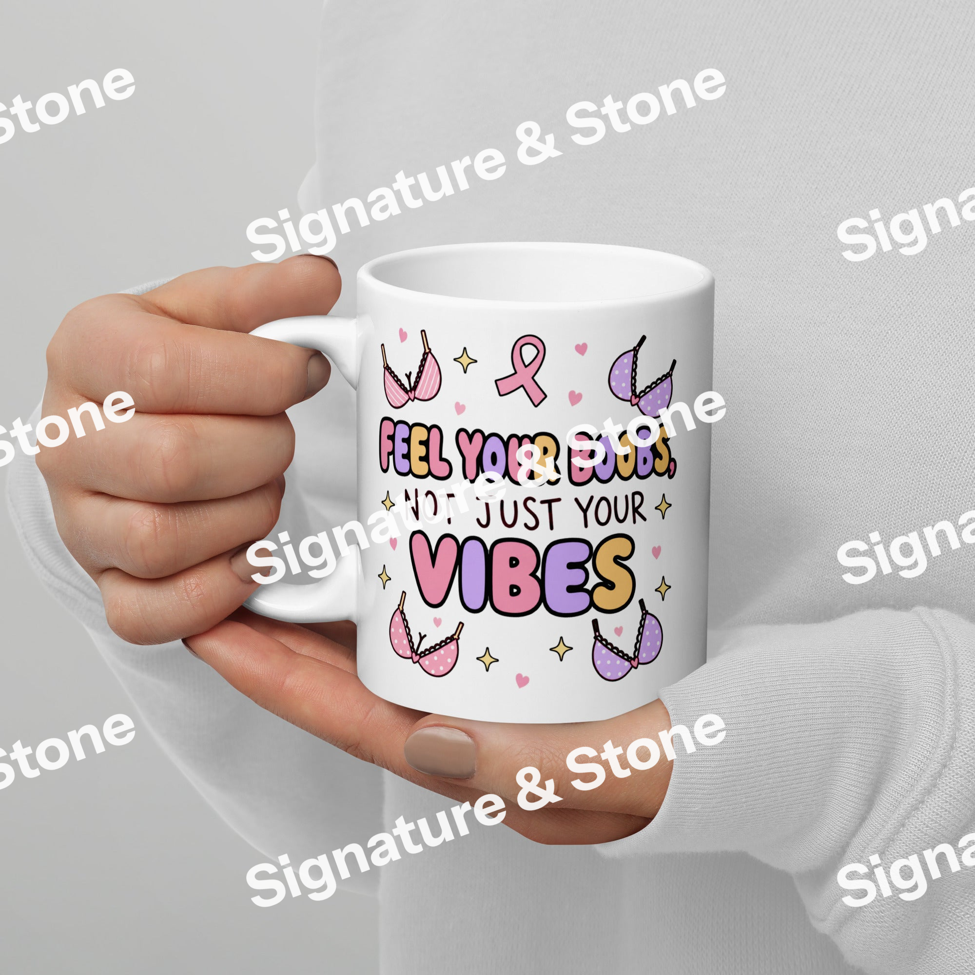 Watermarked - Feel Your Boobs Not Just Your Vibes Breast Cancer Awareness Coffee Mug