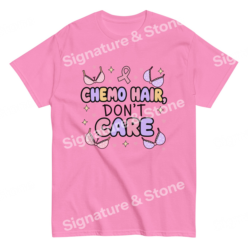 Watermarked - Chemo Hair Don't Care Funny Breast Cancer Survivor T Shirt Pink Ribbon Gift