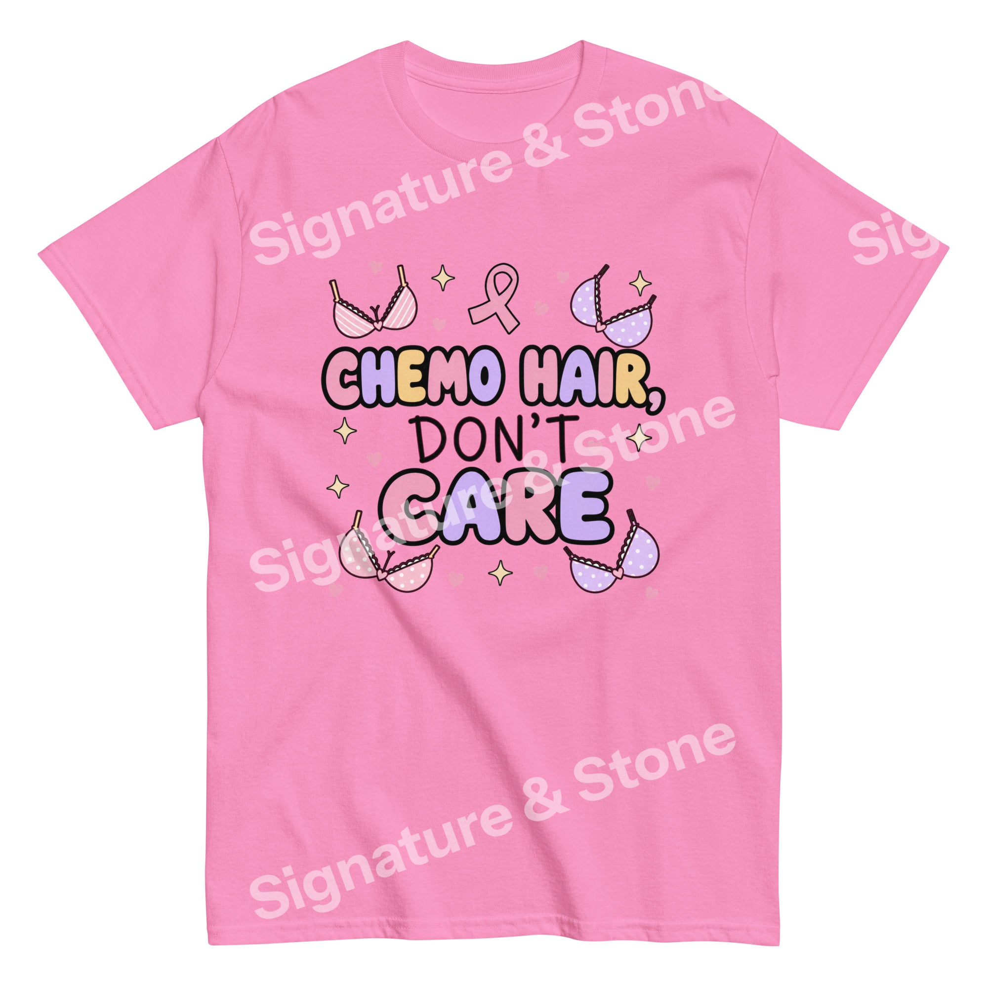 Watermarked - Chemo Hair Don't Care Funny Breast Cancer Survivor T Shirt Pink Ribbon Gift