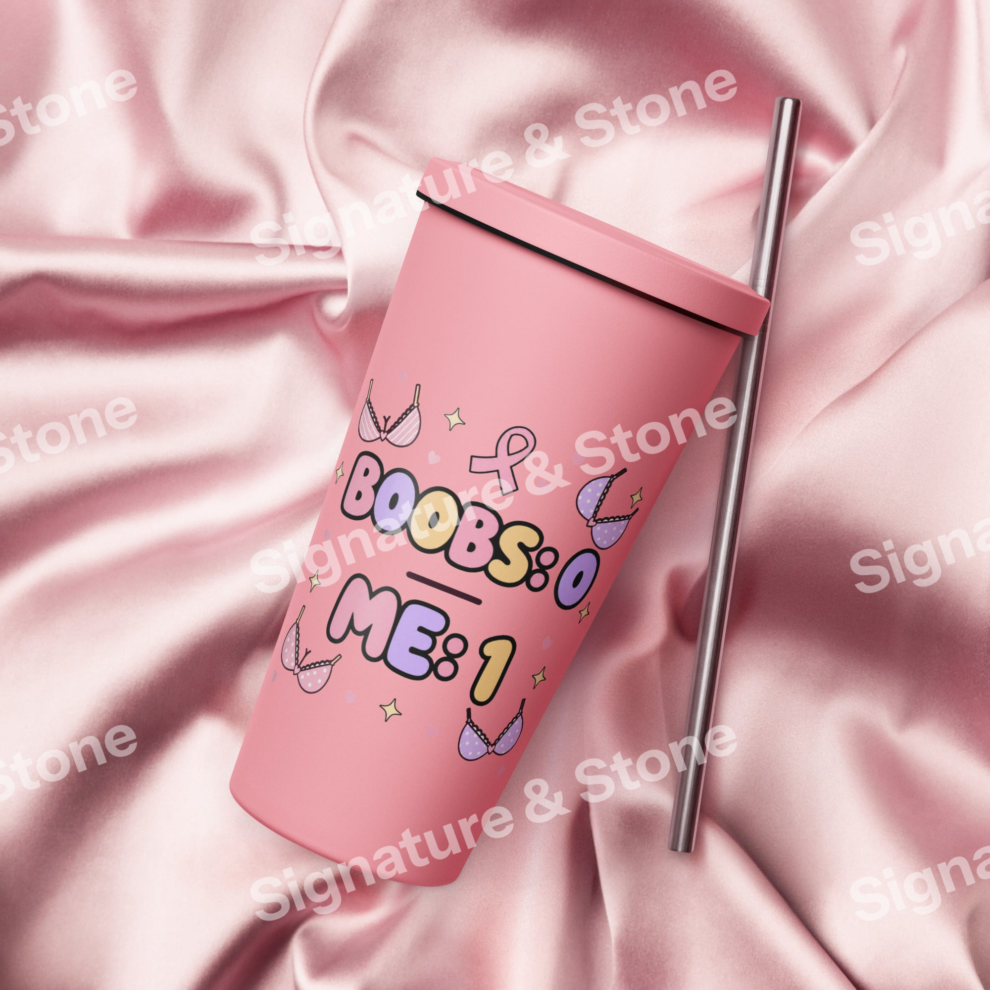 Watermarked - Boobs 0 Me 1 Breast Cancer Survivor 20oz Skinny Tumbler