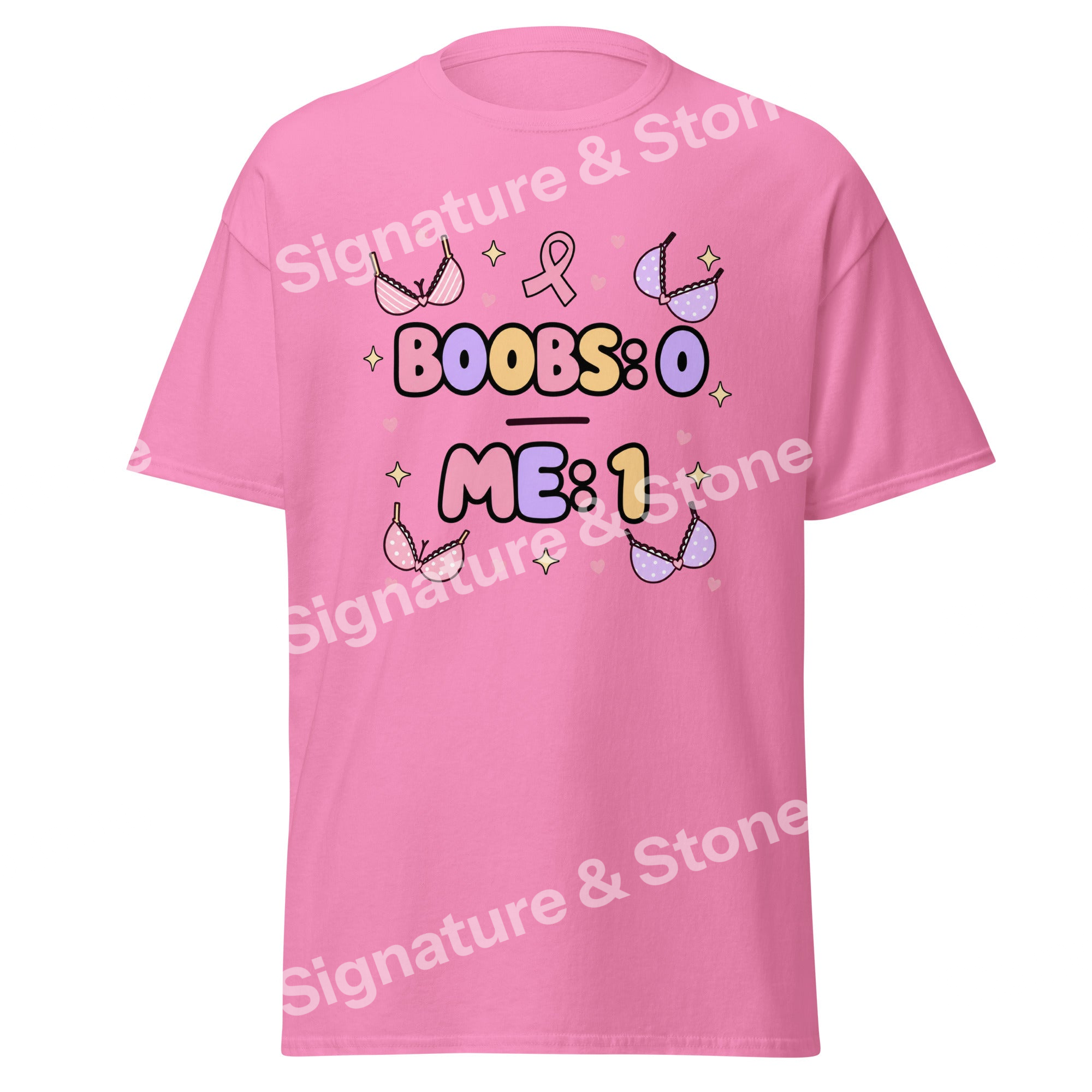 Watermarked - Boobs 0 Me 1 Funny Breast Cancer Survivor T Shirt Pink Ribbon Victory Gift