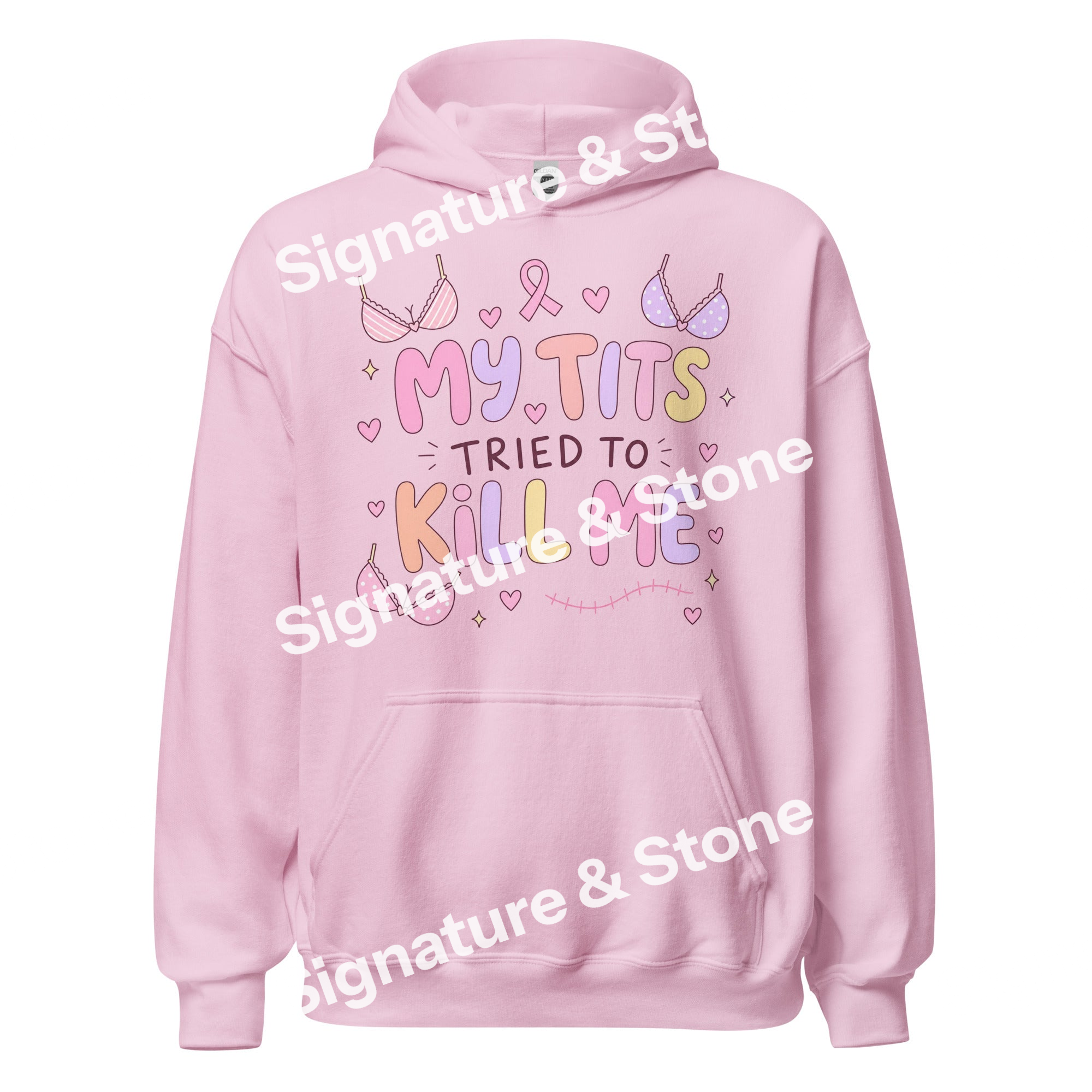 My Tits Tried to Kill Me Funny Breast Cancer Survivor Hoodie Pink Ribbon Gift